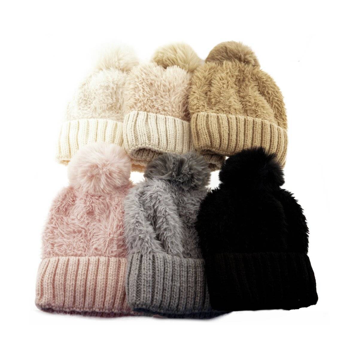 Wintermütze mit Plüsch Bommelmütze mit Innenfutter Unisex Mütze OneSize Beige