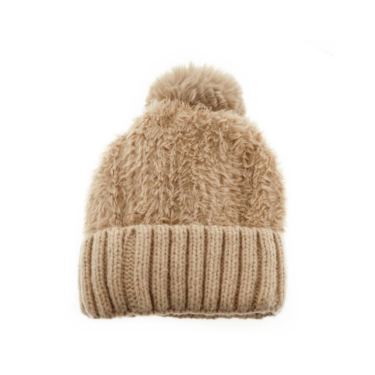Wintermütze mit Plüsch Bommelmütze mit Innenfutter Unisex Mütze OneSize Braun