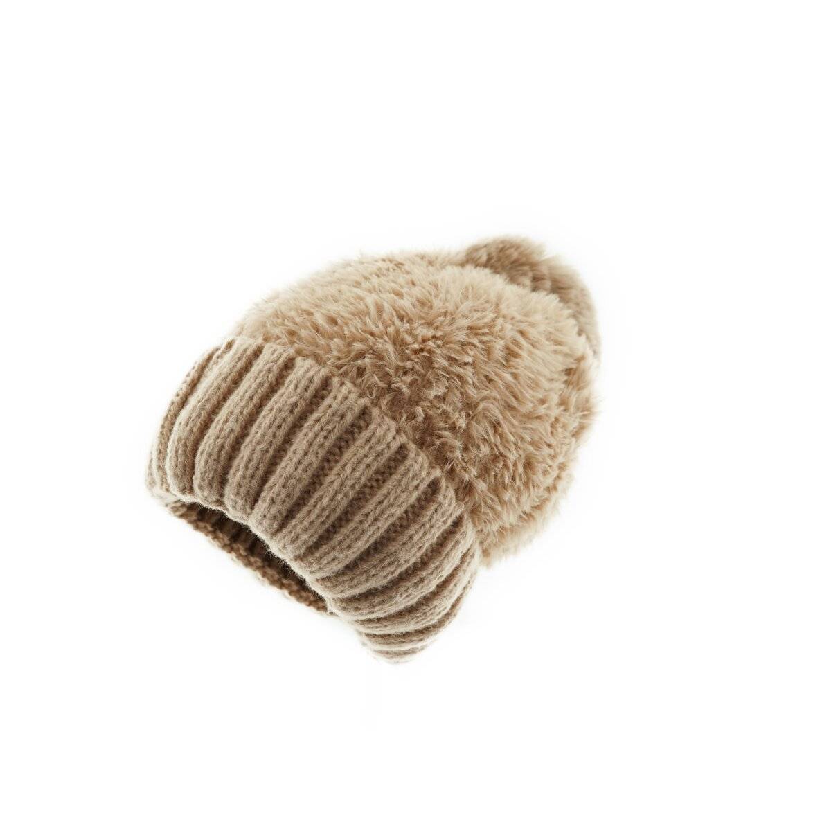 Wintermütze mit Plüsch Bommelmütze mit Innenfutter Unisex Mütze OneSize Braun