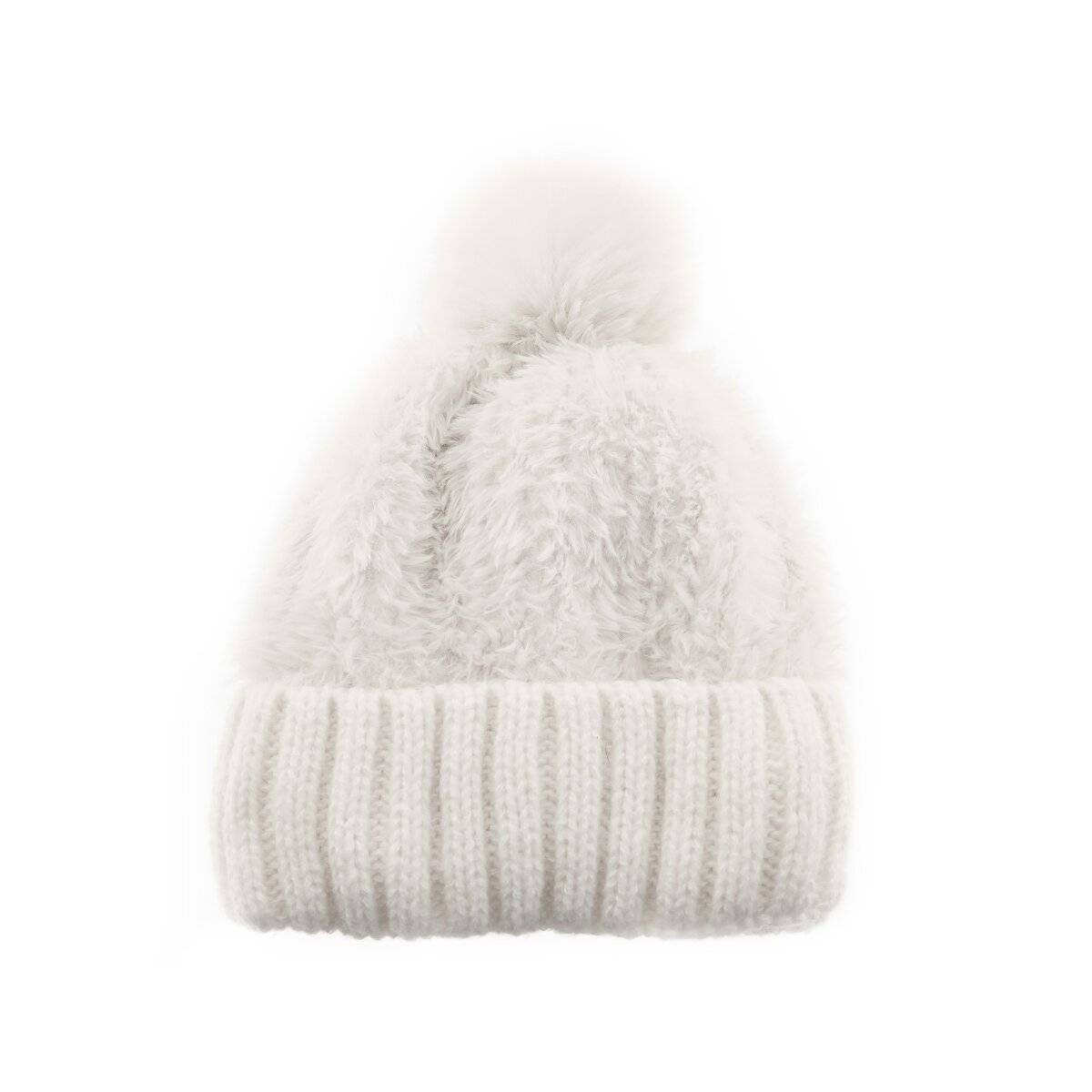 Wintermütze mit Plüsch Bommelmütze mit Innenfutter Unisex Mütze OneSize Cremeweiß