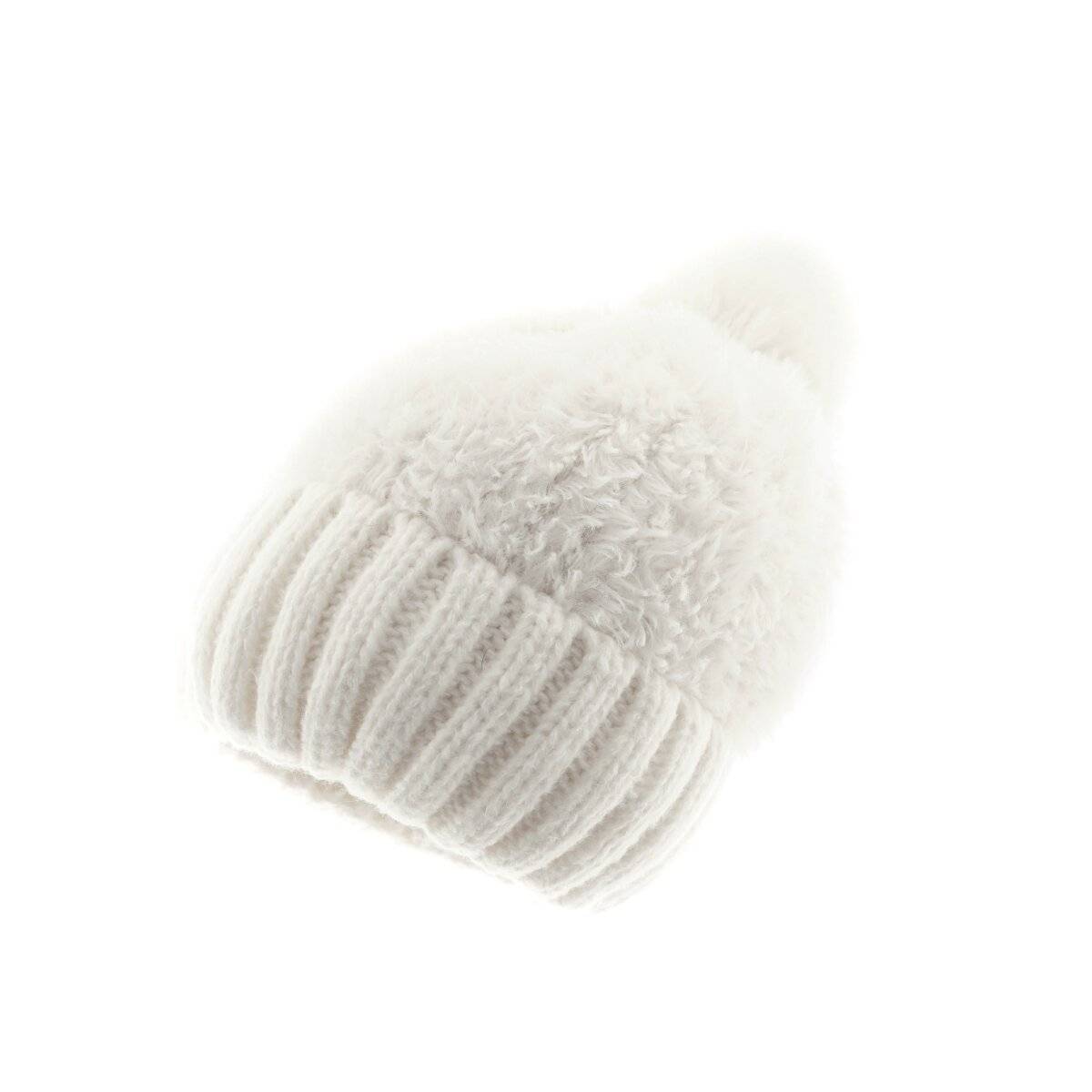 Wintermütze mit Plüsch Bommelmütze mit Innenfutter Unisex Mütze OneSize Cremeweiß