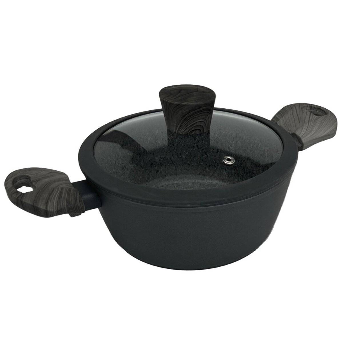 Bratentopf mit ergonomischen Holzgriffen Antihaft mit Glasdeckel in Schwarz ø24 cm