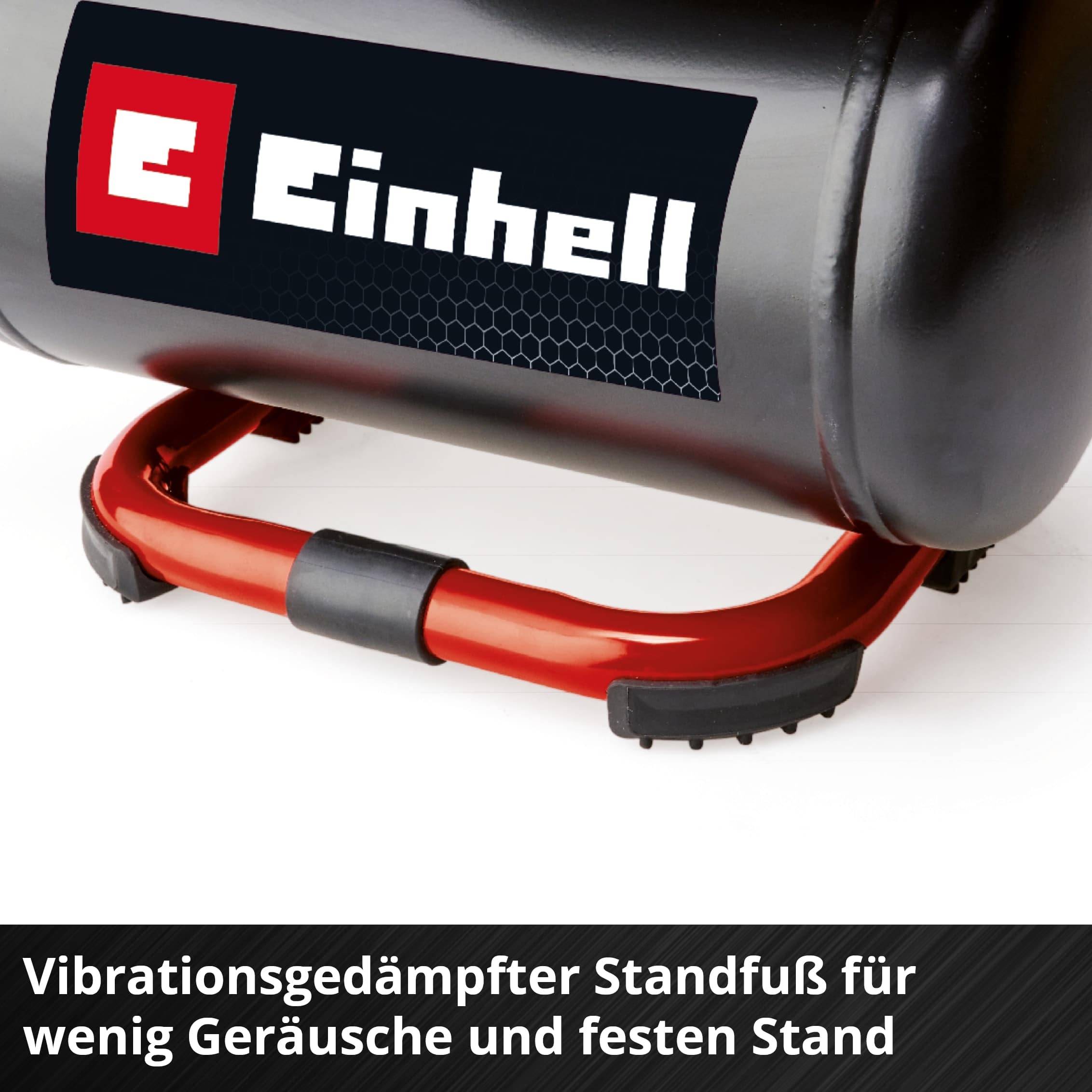 Einhell Kompressor auf einem vibrationsdämpfenden Gestell mit roten Stützen. Der Text in deutscher Sprache bewirbt niedrige Geräuschentwicklung und Stabilität.