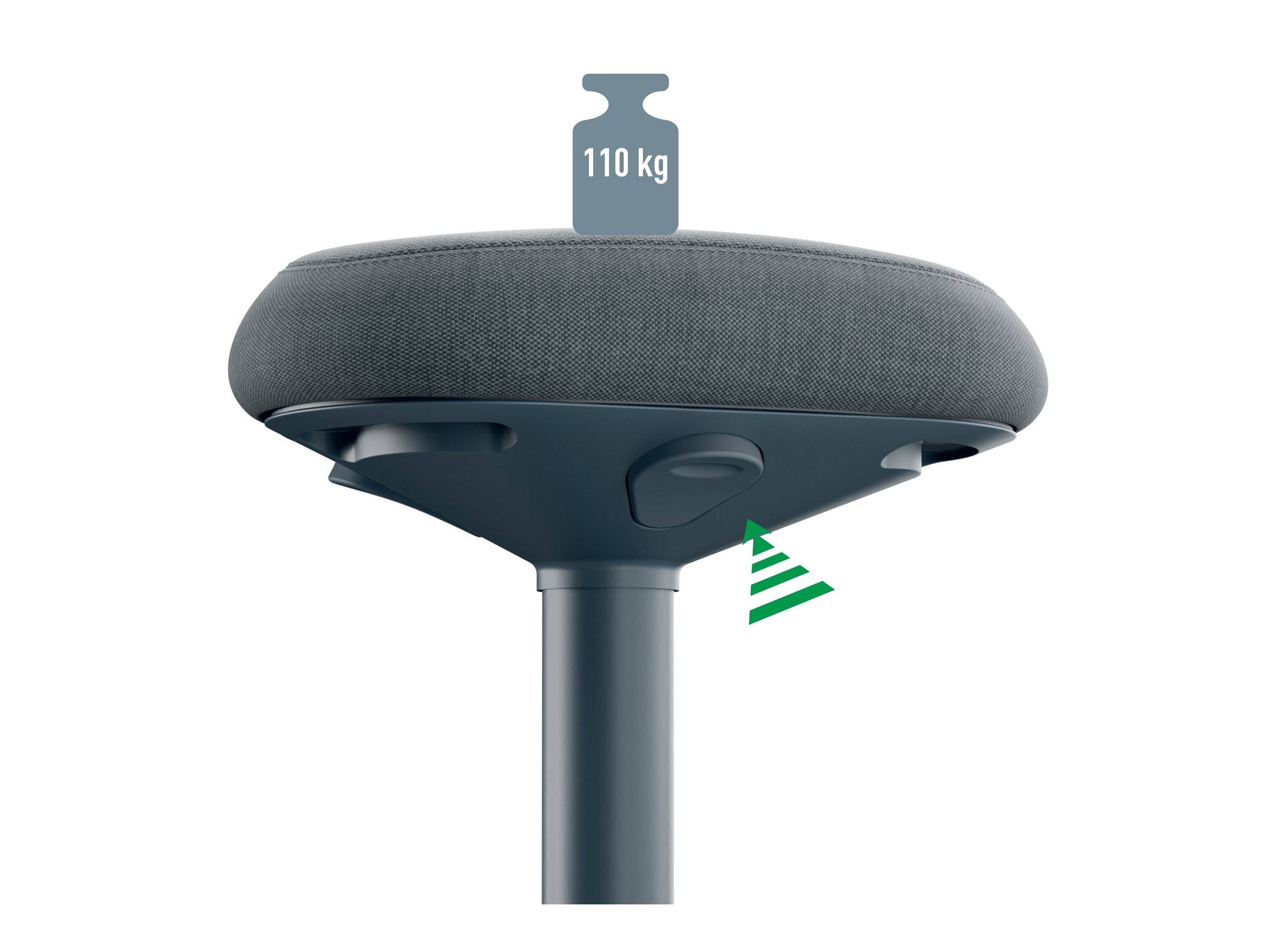 Nahaufnahme einer Bürostuhlsitzfläche und Gasfeder mit einem Symbol "110 kg"", das die maximale Tragfähigkeit des Stuhls anzeigt.