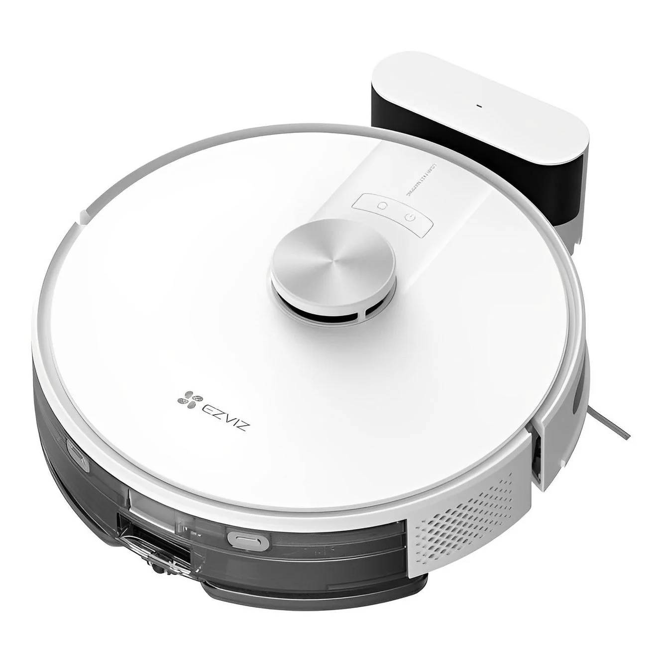 Weißer Roboterstaubsauger mit oben angebrachtem Sensor und hinterer Dockingstation