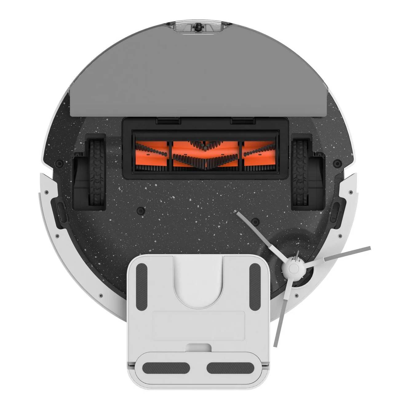 Draufsicht eines Roboterstaubsaugers mit Seitenbürsten und einer vorderen Rollerbürste, die seinen kreisförmigen Körper und den Staubsaugerbehälterbereich zeigt.