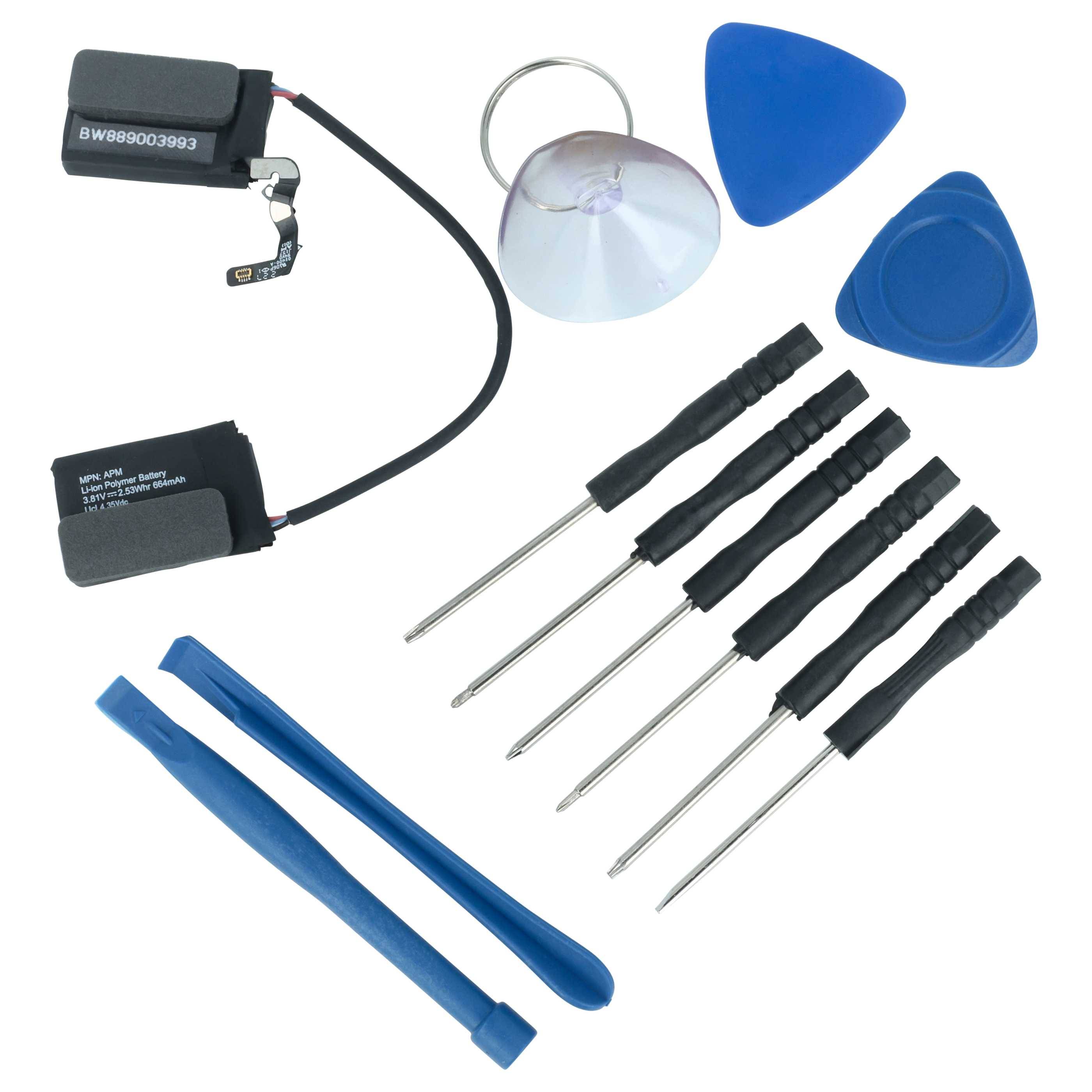 Elektronisches Reparatur-Set mit Batterie, Schraubendreher mit verschiedenen Aufsätzen, Kunststoff-Hebelwerkzeuge, Saugnapf und gitarrenplektrumartige Werkzeuge, verwendet für die Wartung von Geräten.