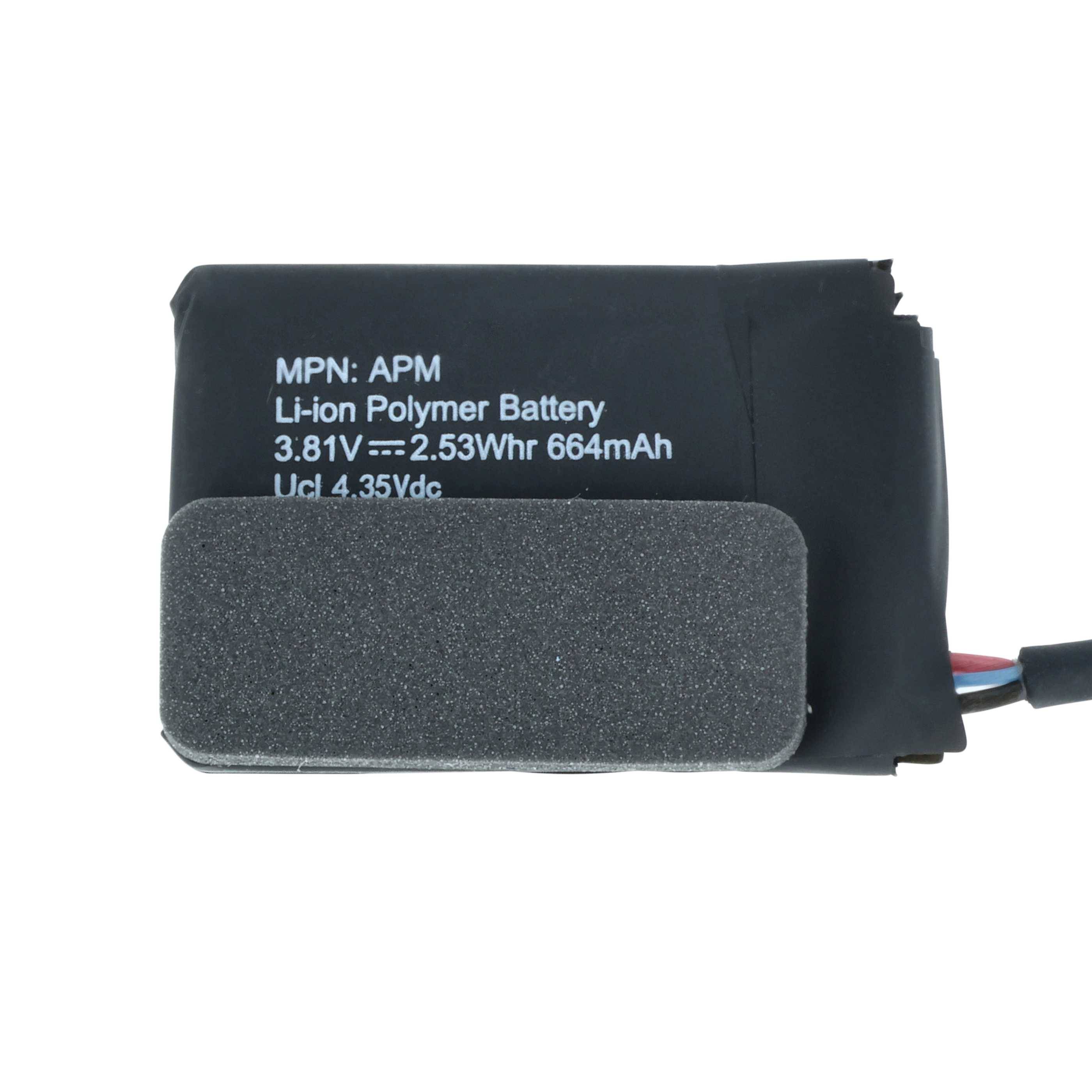 Ein rechteckiger Lithium-Polymer-Akku mit den folgenden Spezifikationen: Kapazität 664 mAh, Spannung 3,81 V, Energie 2,53 Wh, Modellnummer APM.