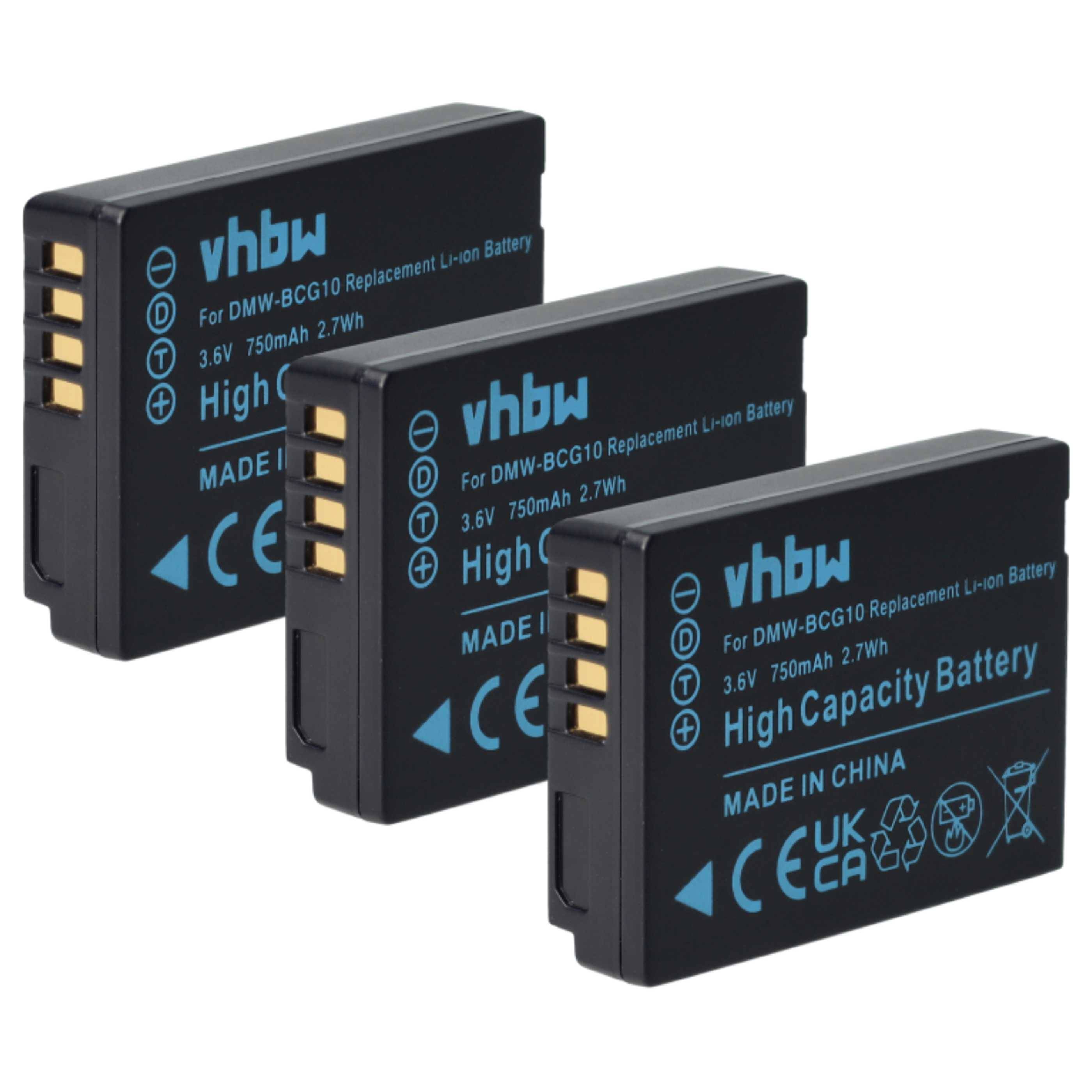 vhbw 3x Akku kompatibel mit Panasonic Lumix FMC-ZS7, DMC-ZX3, FMC-ZX1, DMC-ZX1 Kamera (750 mAh, 3,6 V, Li-Ion)