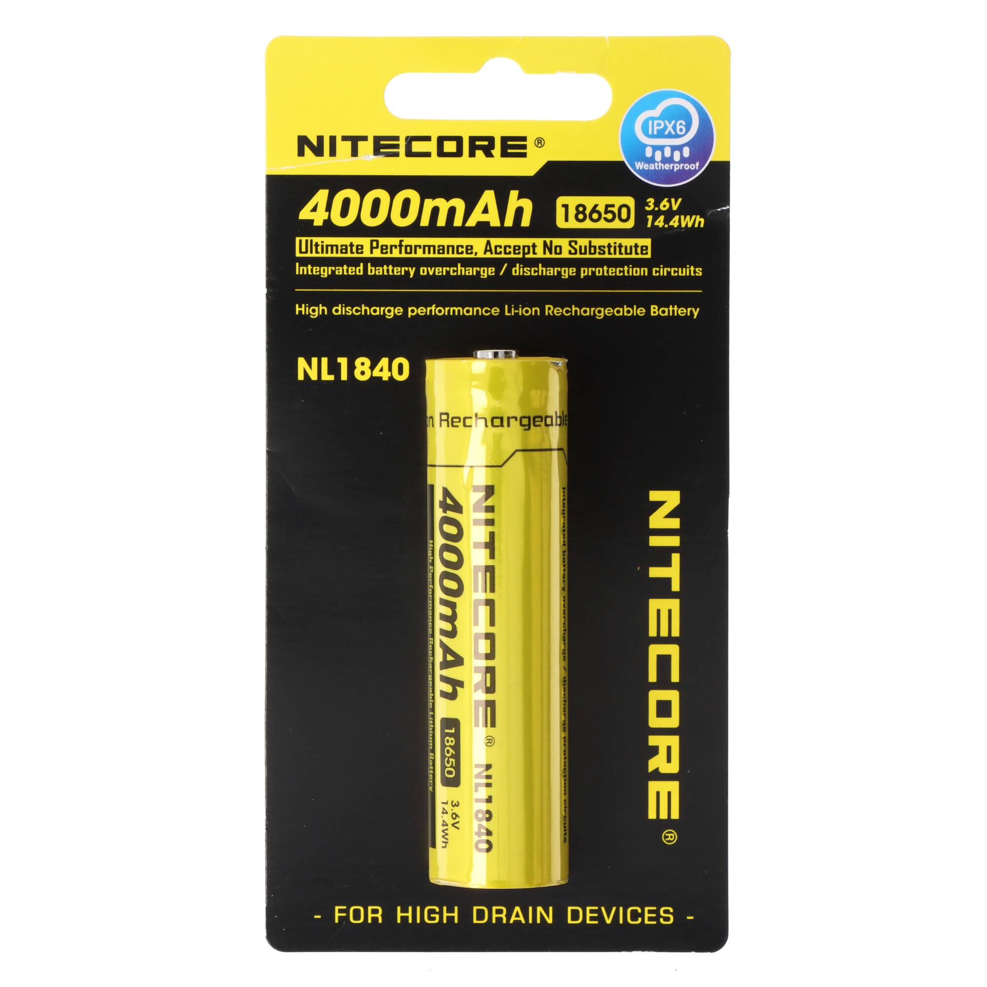 Nitecore 18650 Li-Ion Akku, NL1840, 4000mAh, mit Schutzschaltung