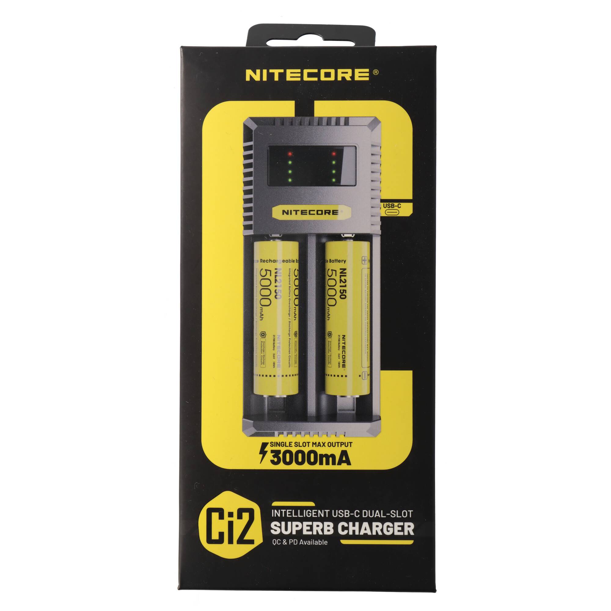 Nitecore Ladegerät CI2, intelligentes 2fach Schnell-Ladegerät mit USB-C Ladeport, lädt Li-Ion, NiMH und NiCd Akkus