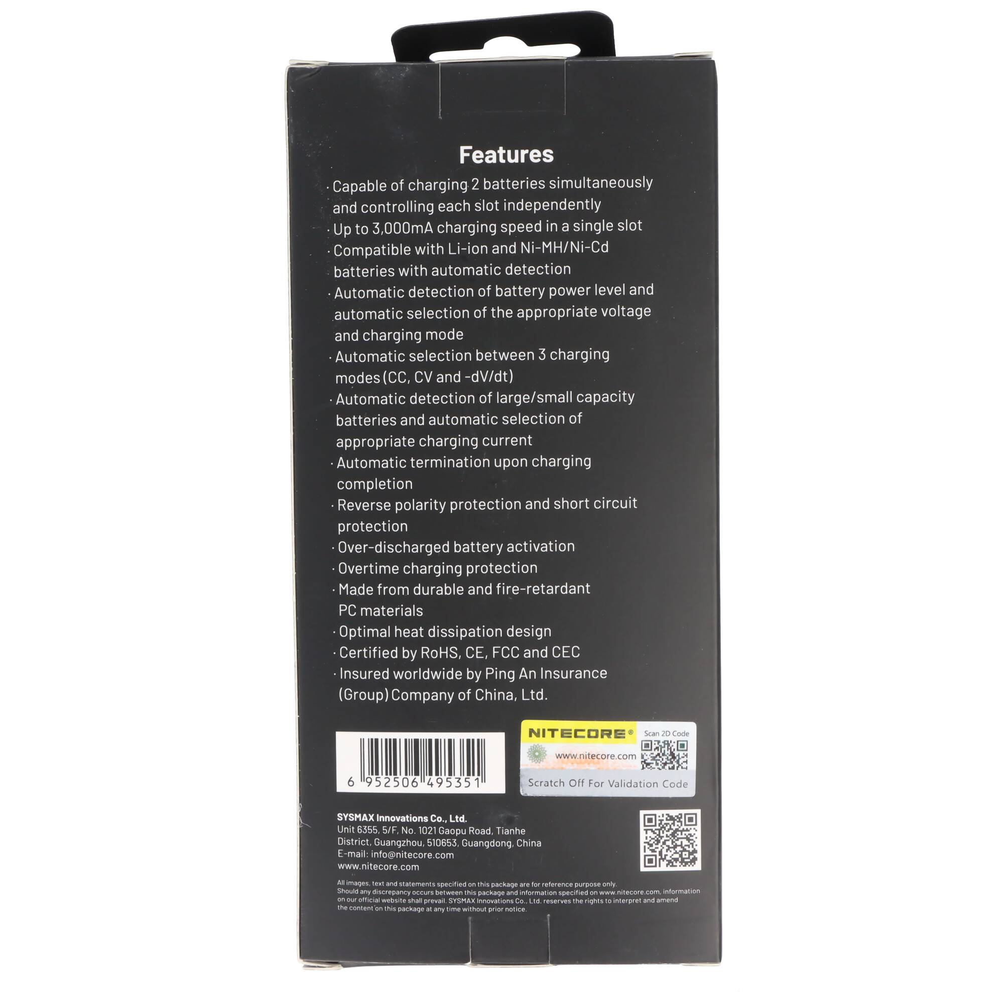 Rückseite einer Nitecore-Ladegerätbox mit aufgelisteten Funktionen wie dem Laden von zwei Batterien, maximaler Geschwindigkeit von 3.000mA, automatischer Erkennung und Sicherheitsschutzvorrichtungen.