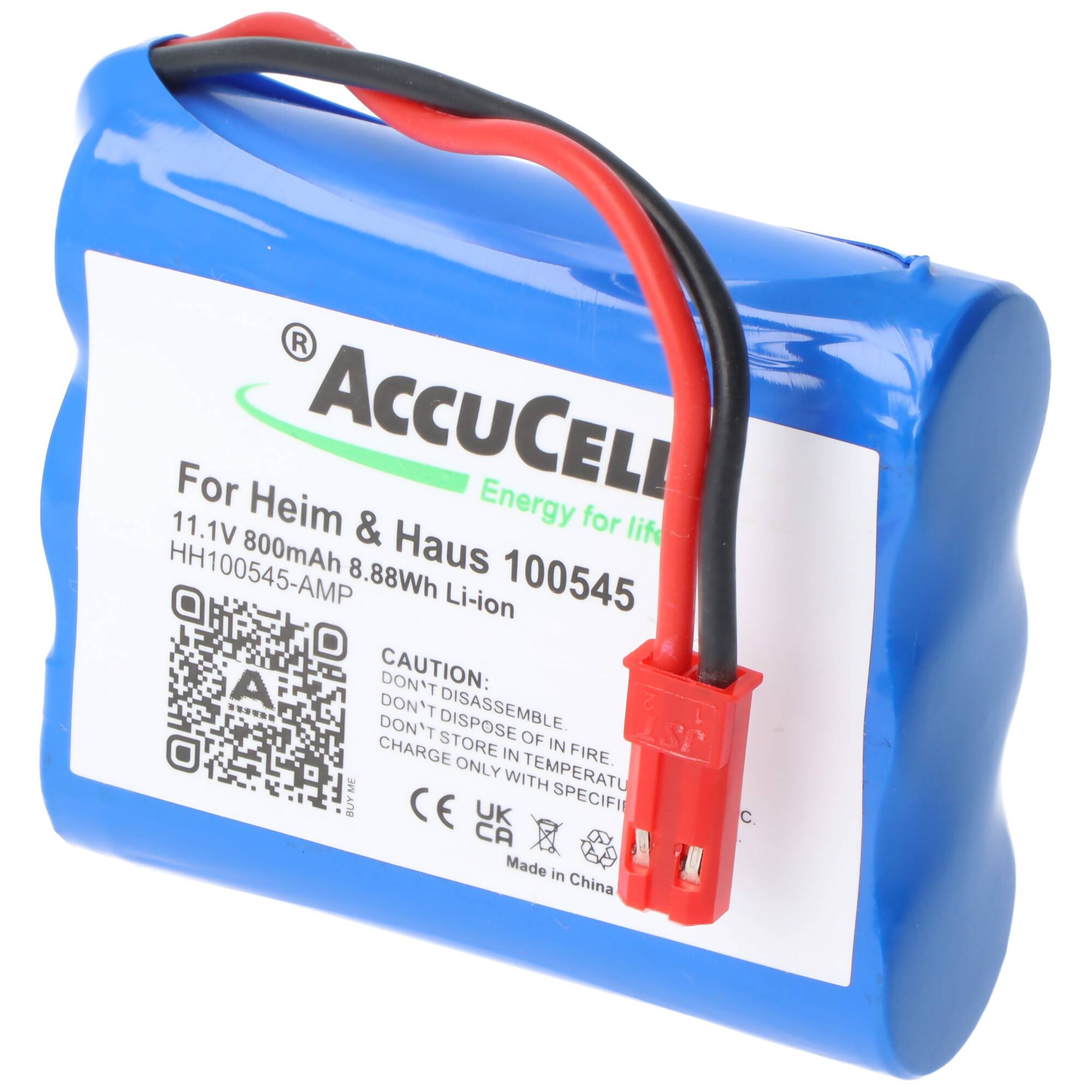 Blauer AccuCell 11,1V 800mAh Li-Ion-Akku mit rotem und schwarzem Steckerleitung und Produktetikett.