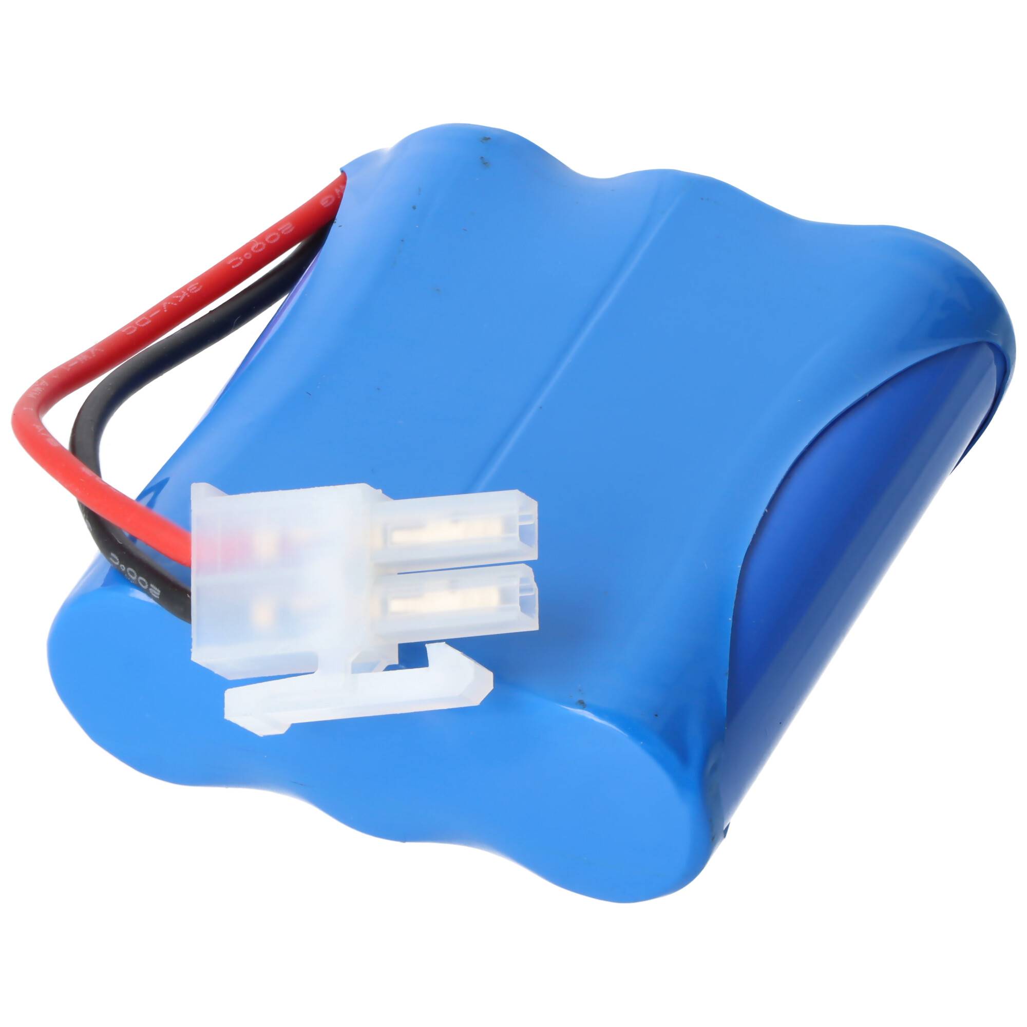 Blaues wiederaufladbares Batterieset mit roten und schwarzen Drähten und einem weißen Stecker auf weißem Hintergrund