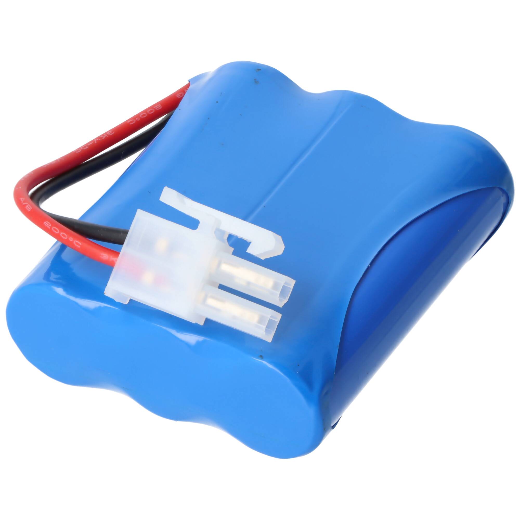 Blaues wiederaufladbares Batteriepack mit roten und schwarzen Kabeln und einem weißen Steckverbinder.
