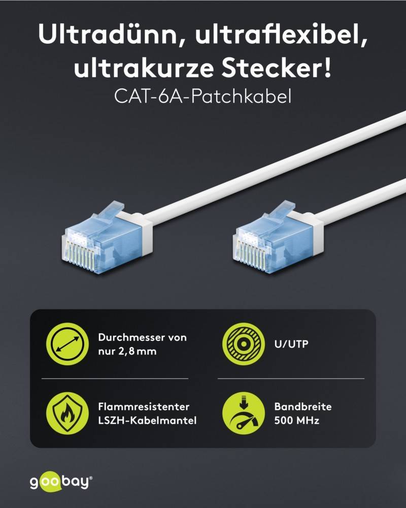 Ultrakurze Stecker! CAT-6A-Patchkabel. Zwei kurze Ethernet-Kabel mit blauen Steckern. Merkmale: 5,8 mm Durchmesser, LSZH-Mantel, U/UTP, 500 MHz.
