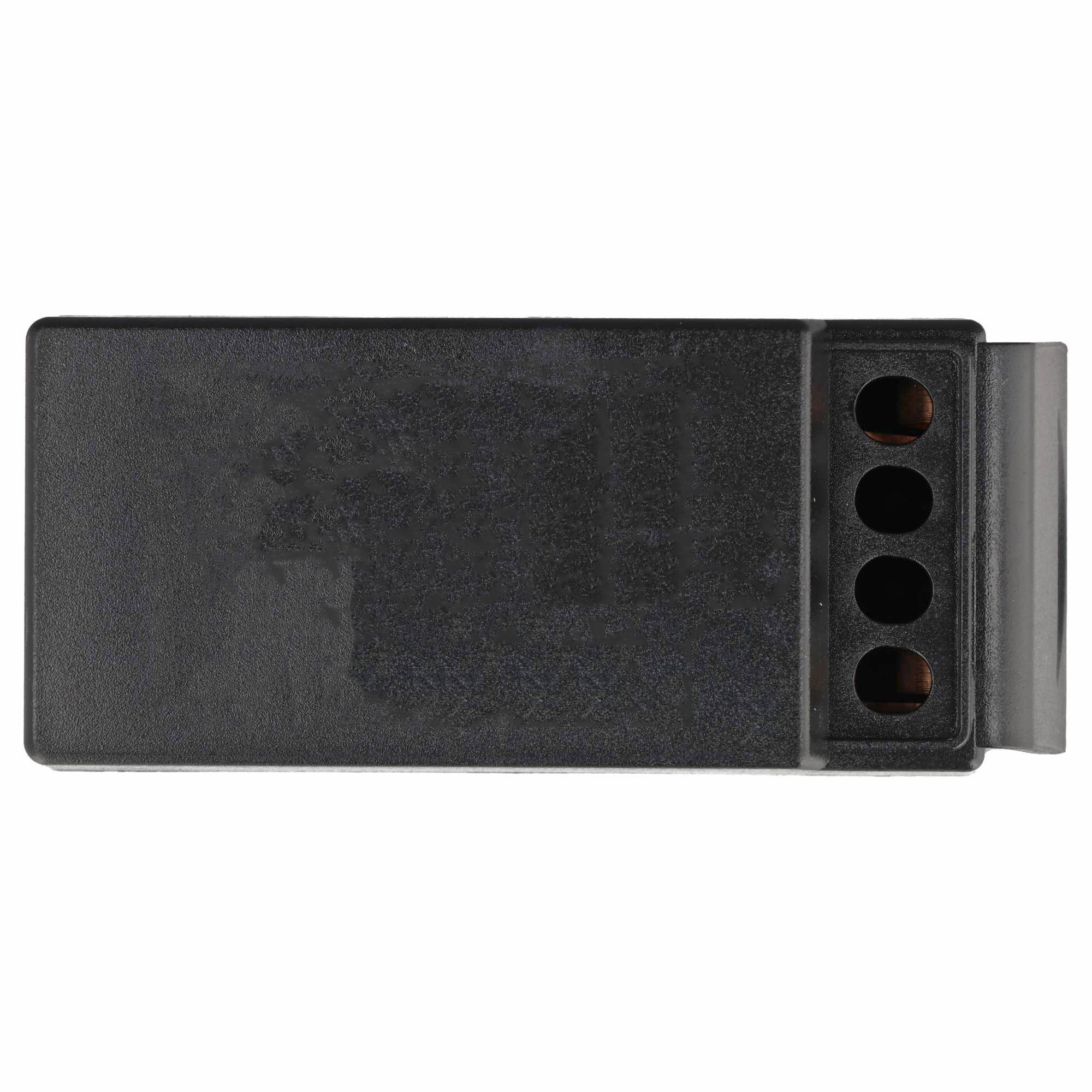 Schwarzes rechteckiges elektronisches Steckmodul mit vier kreisförmigen Löchern und einer grauen Seitenlasche, isoliert auf weißem Hintergrund dargestellt.