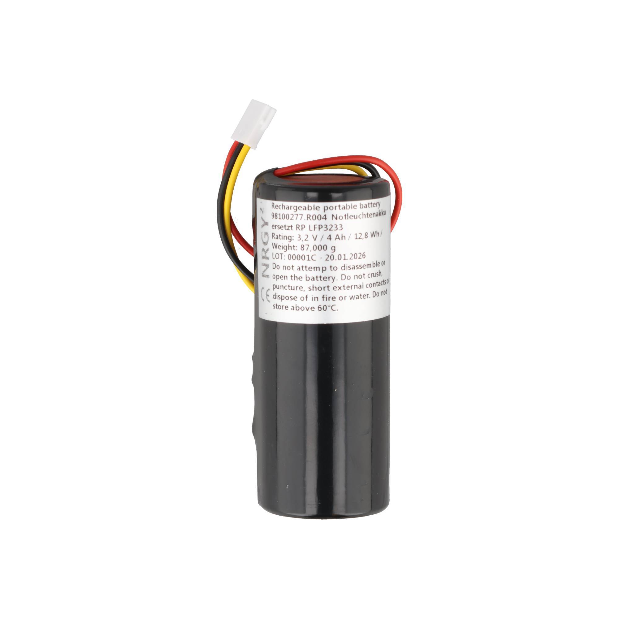 Zylindrischer wiederaufladbarer Batterieblock mit angebrachten Drähten und weißem Stecker auf neutralem Hintergrund.