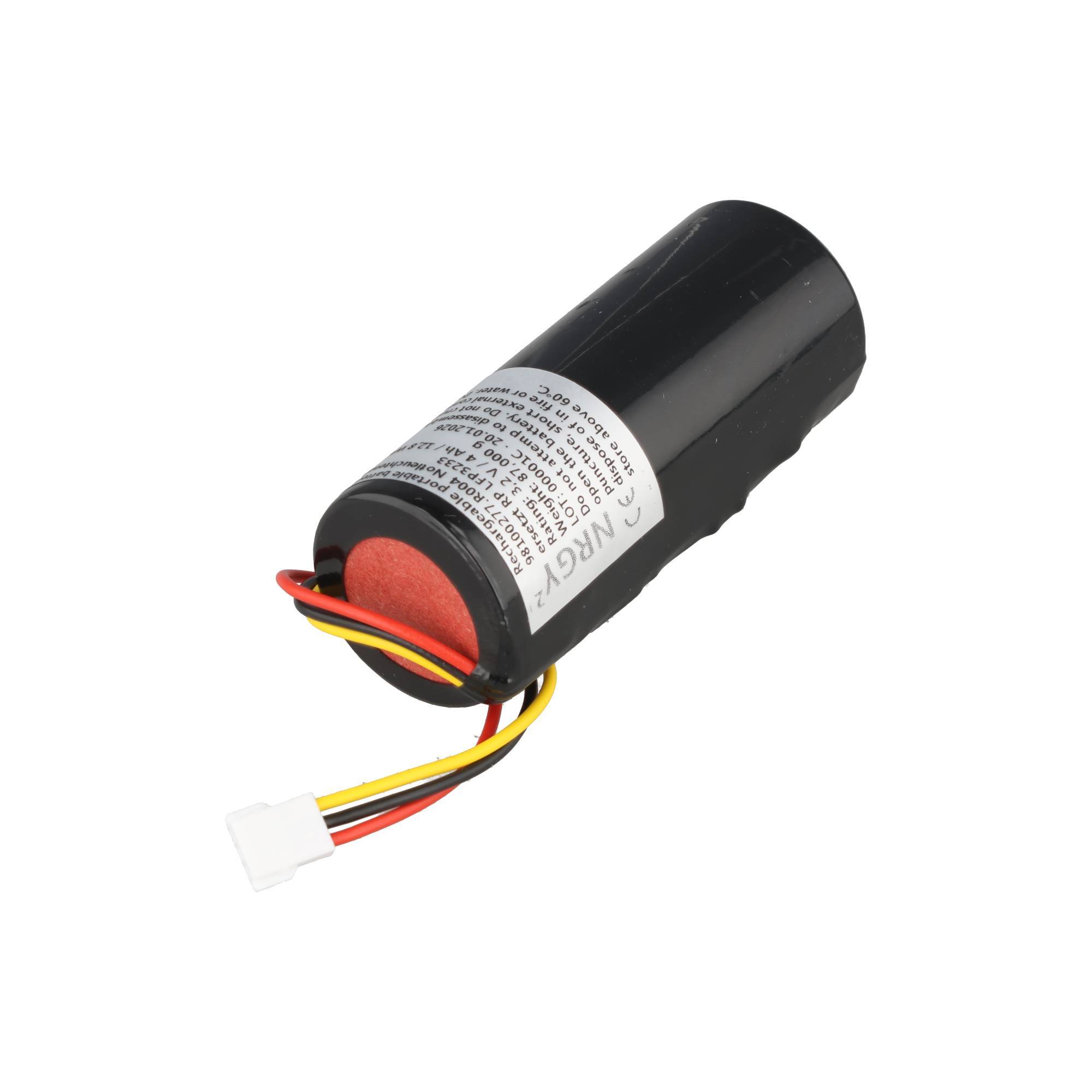Schwarzes zylindrisches wiederaufladbares Batteriepaket mit angebrachten roten, gelben und schwarzen Drähten, die in einem weißen Stecker enden.