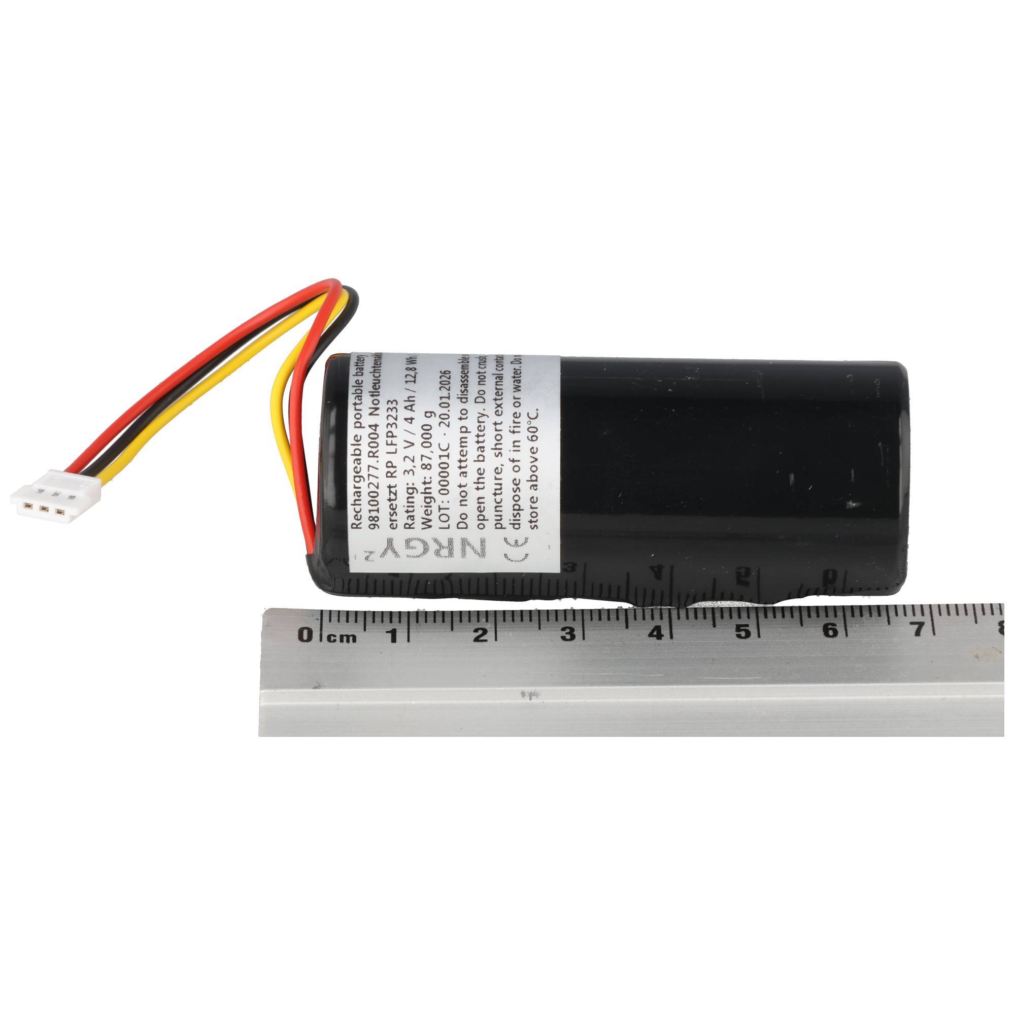 Schwarzes zylindrisches wiederaufladbares Batteriepaket mit roten, gelben und schwarzen Drähten und Anschluss, neben einem Lineal zur Größenreferenz angezeigt.