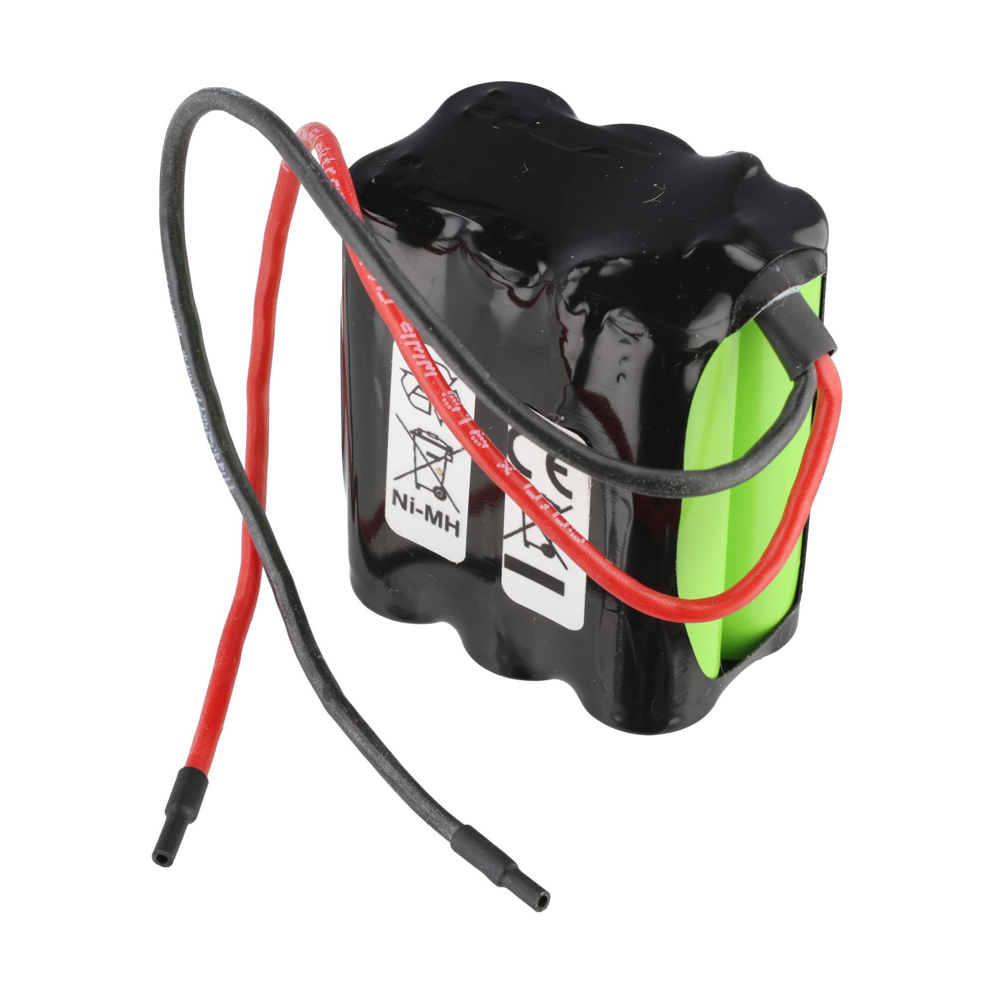 Ein schwarzes, schrumpffolieverpacktes wiederaufladbares Batteriepaket mit roten und schwarzen Anschlüssen und einer im Inneren sichtbaren grünen Zelle.