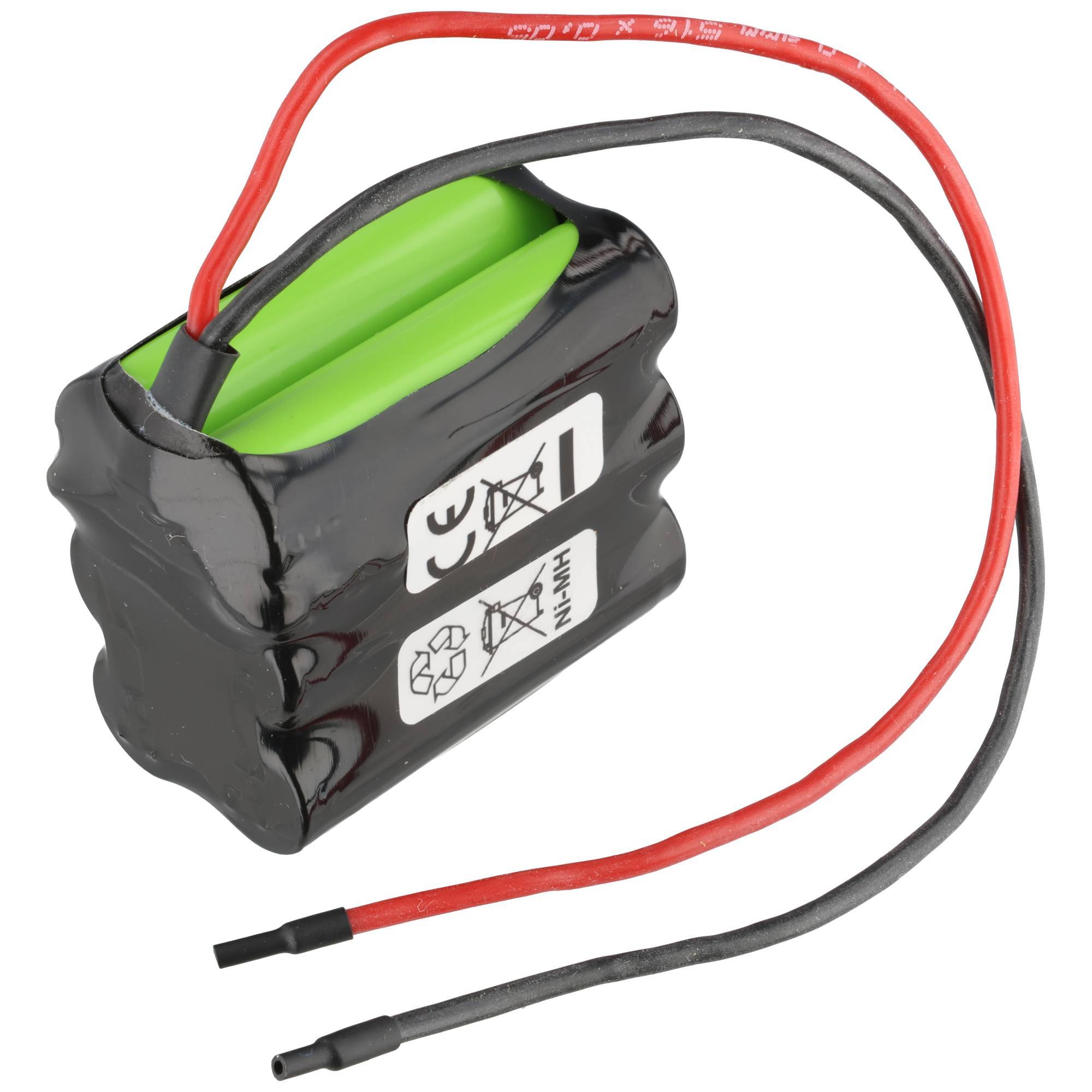 Kompaktes wiederaufladbares Batterieset mit zwei grünen Zellen, in schwarzem Kunststoff verpackt, mit roten und schwarzen Bleikabeln mit freiliegenden Enden.