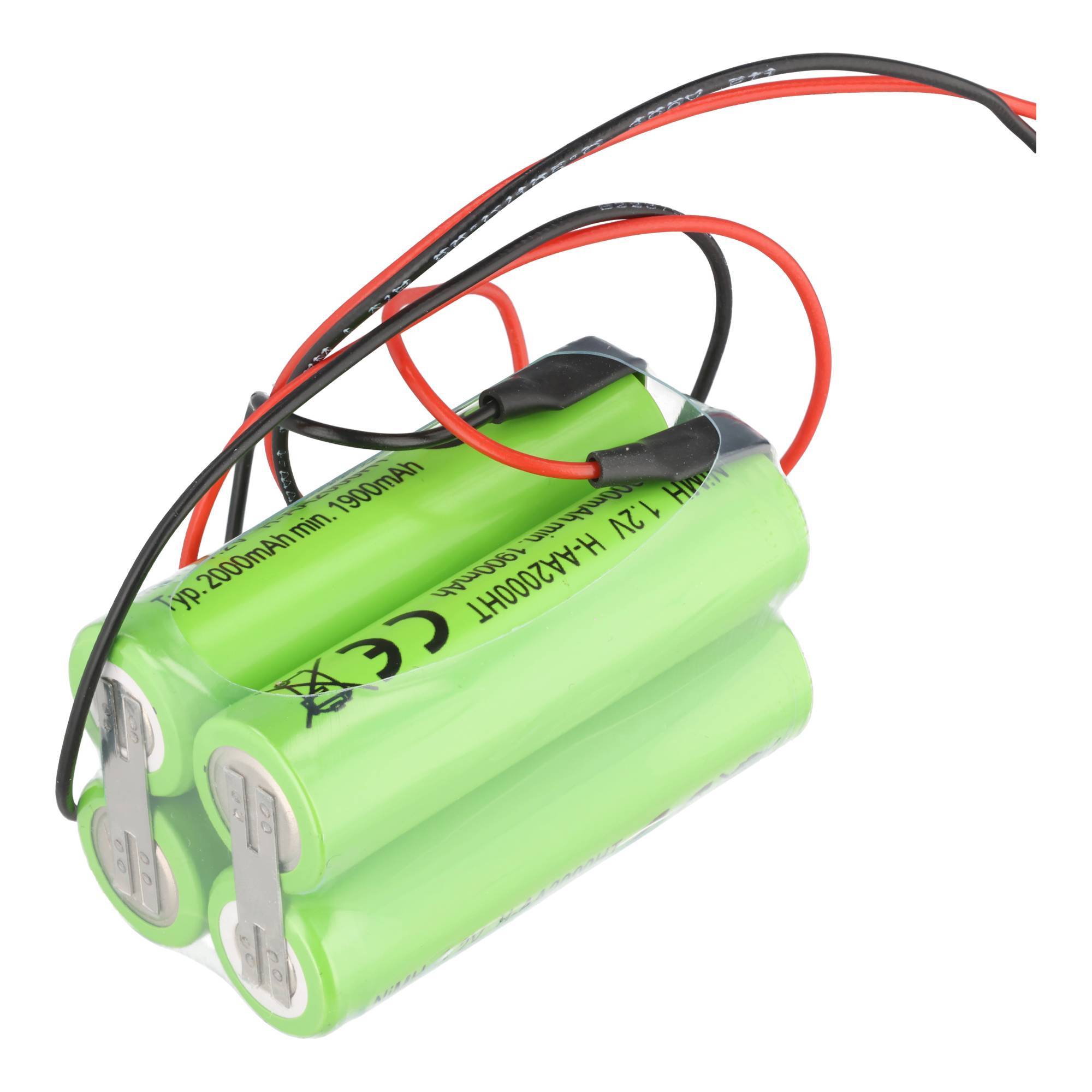 Drei grüne wiederaufladbare Batteriezellen, die in einem Pack mit roten und schwarzen Drähten verbunden sind