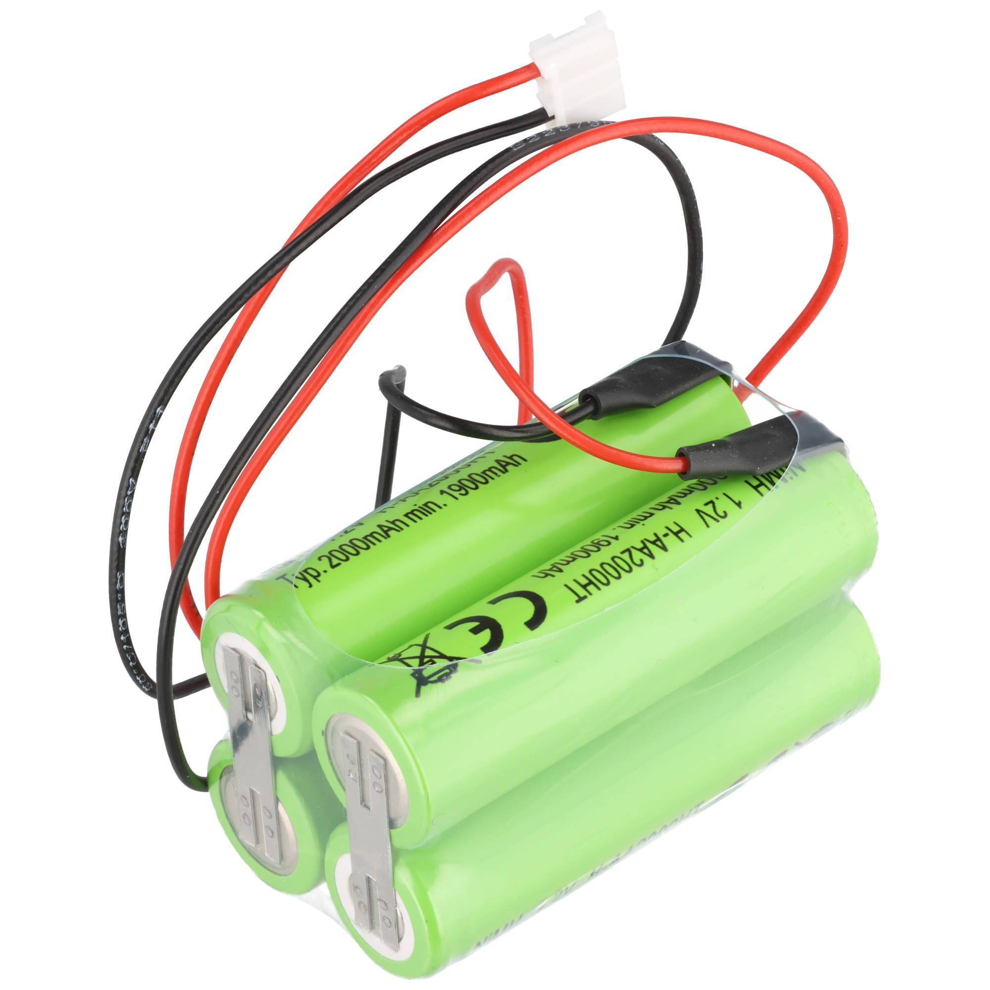 Drei grüne wiederaufladbare Batterien, die in einer Packung mit roten und schwarzen Verbindungskabeln und einem weißen Stecker verpackt sind.