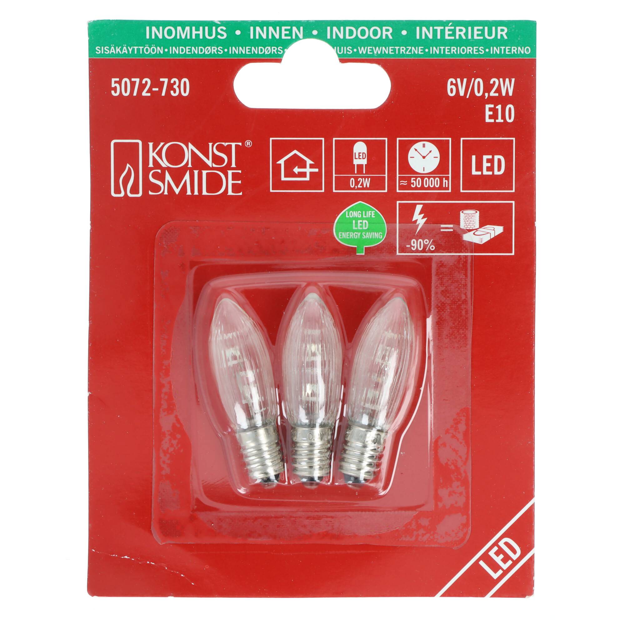 Packung mit drei Konstsmide LED-Glühbirnen, 6V/0,2W, E10-Fassung für den Innengebrauch, mit Angabe langer Lebensdauer und 90% Energieeinsparung.