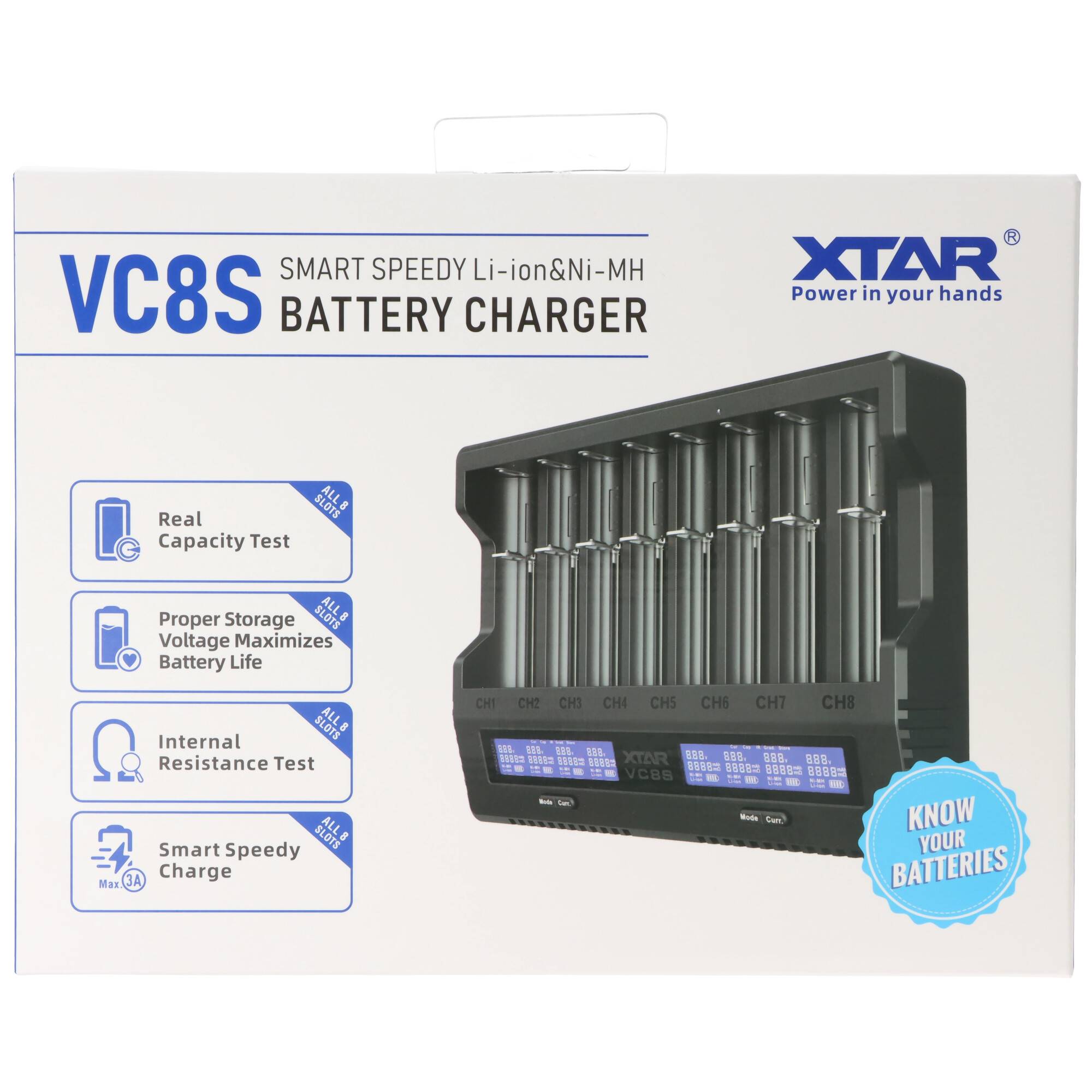XTAR VC8S 8fach Schnell-Ladegerät für 1-8 Li-Ion 3,6V und 3,7V Akku und NiMH 1,2V Akku, USB-C-Ladeanschluss, max. 8A Ges