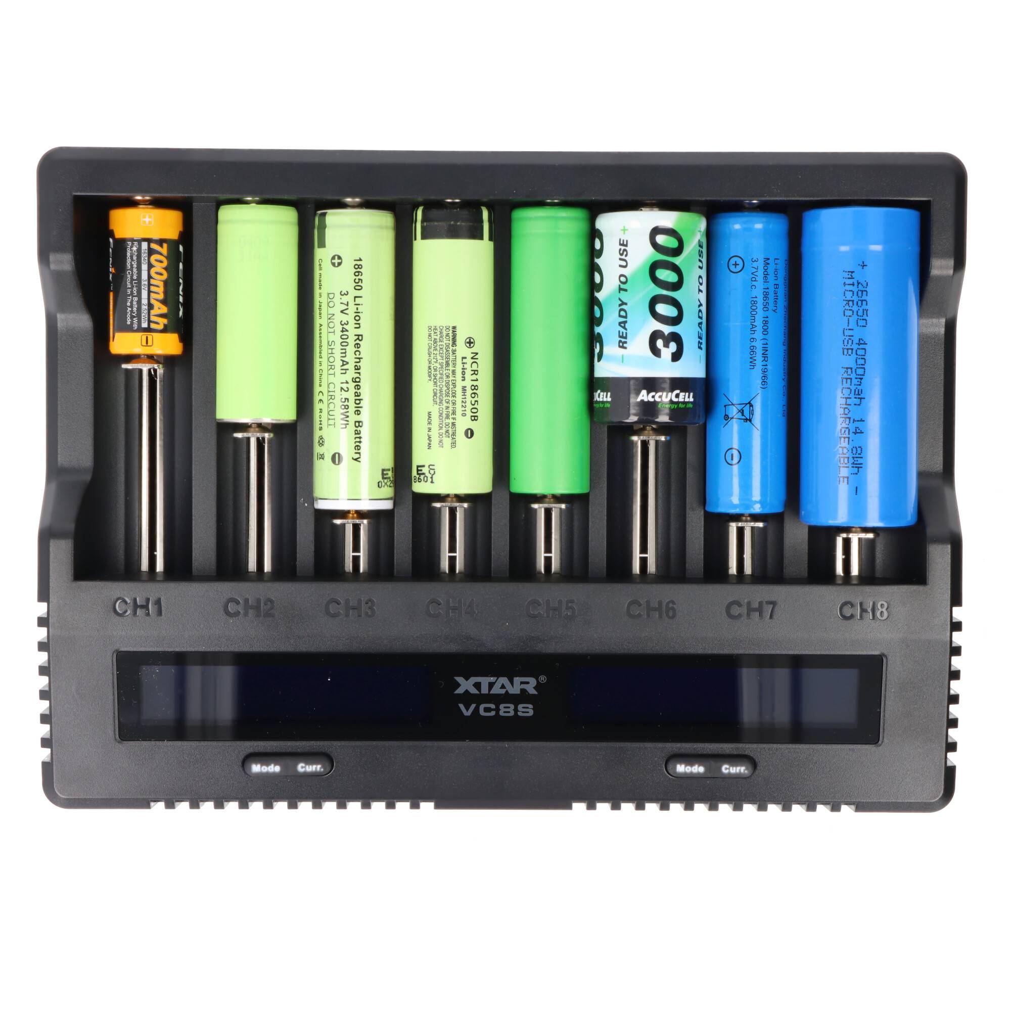 XTAR VC8S 8fach Schnell-Ladegerät für 1-8 Li-Ion 3,6V und 3,7V Akku und NiMH 1,2V Akku, USB-C-Ladeanschluss, max. 8A Ges
