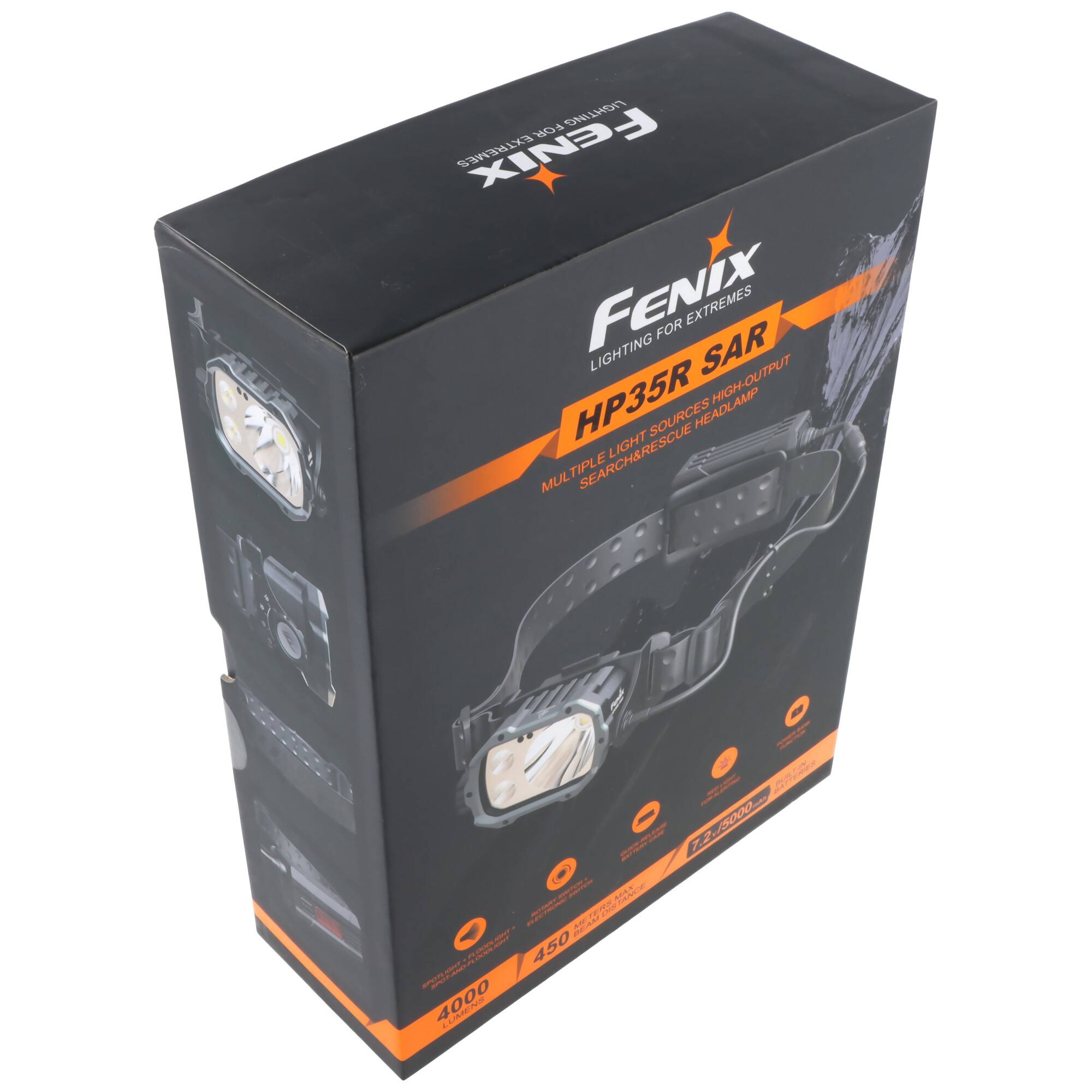 Fenix HP35R SAR Kopflampe Retail-Box auf weißem Hintergrund gezeigt, mit Produktbildern und orange-schwarzem Branding.