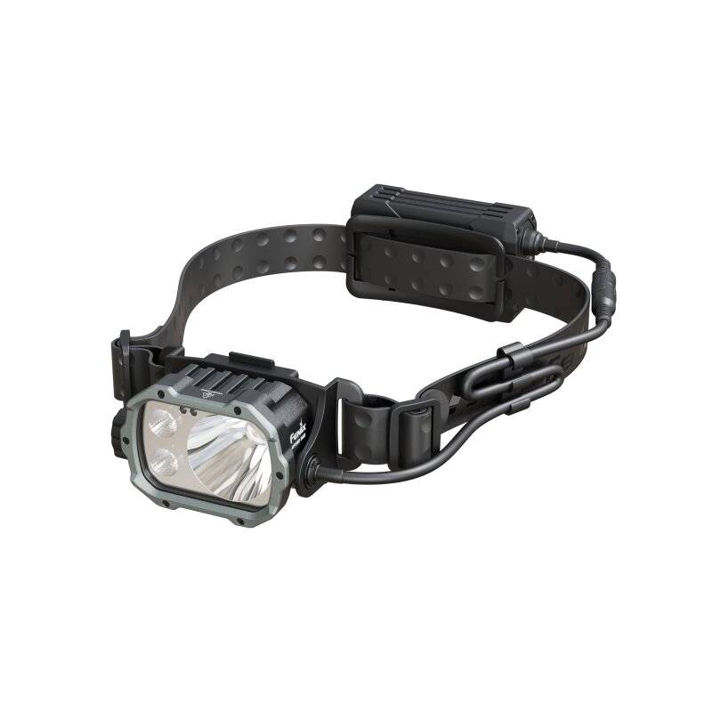 Schwarze wiederaufladbare Stirnlampe mit verstellbarem Riemen und seitlichem Batteriepack, auf weißem Hintergrund dargestellt.