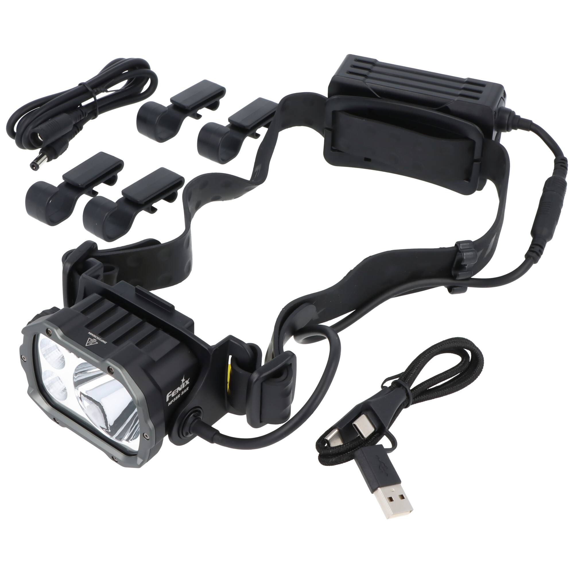Verstellbares schwarzes LED-Stirnlampen-Set mit Akku, USB-Ladekabel und Befestigungsclips auf weißem Hintergrund.