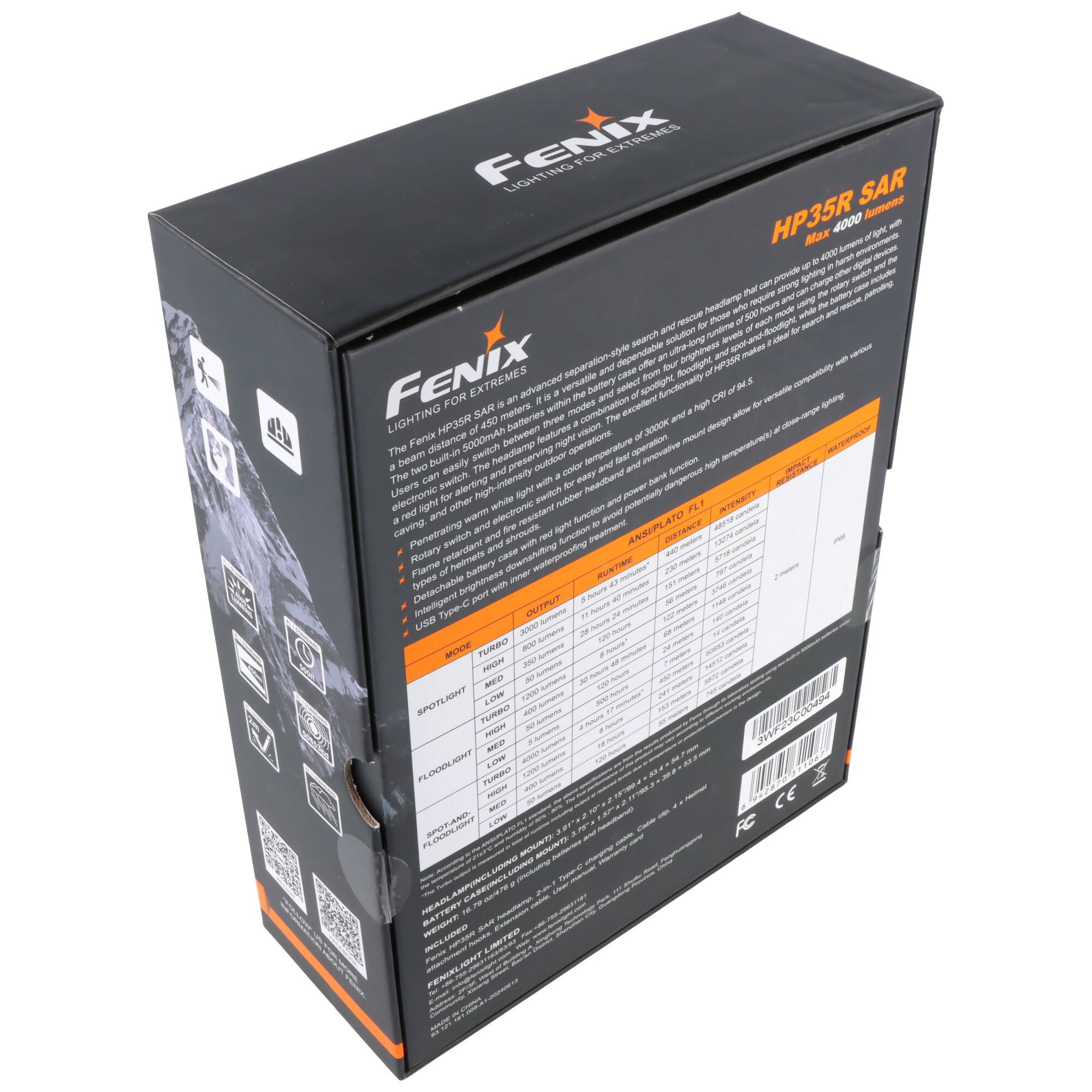 Fenix HP35R SAR LED Stirnlampe, ideal für Such- und Rettungseinsätze, max. 4000 Lumen, 450 Meter Reichweite, abnehmbares