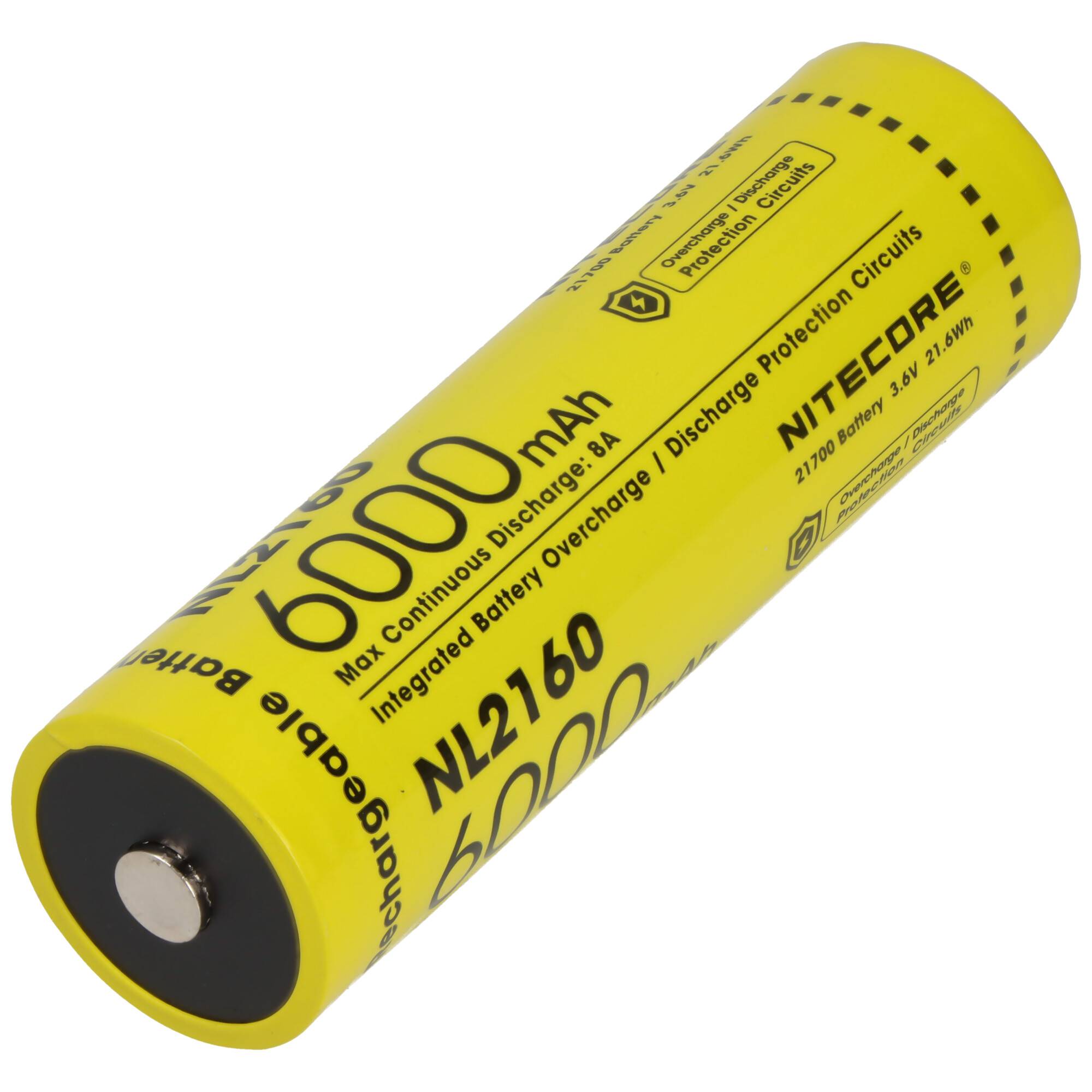 Nitecore Li-Ion Akku Typ 21700 mit 6000mAh NL2160 mit Schutzschaltung, max. 8A Entladestrom, 75,4 x 22mm