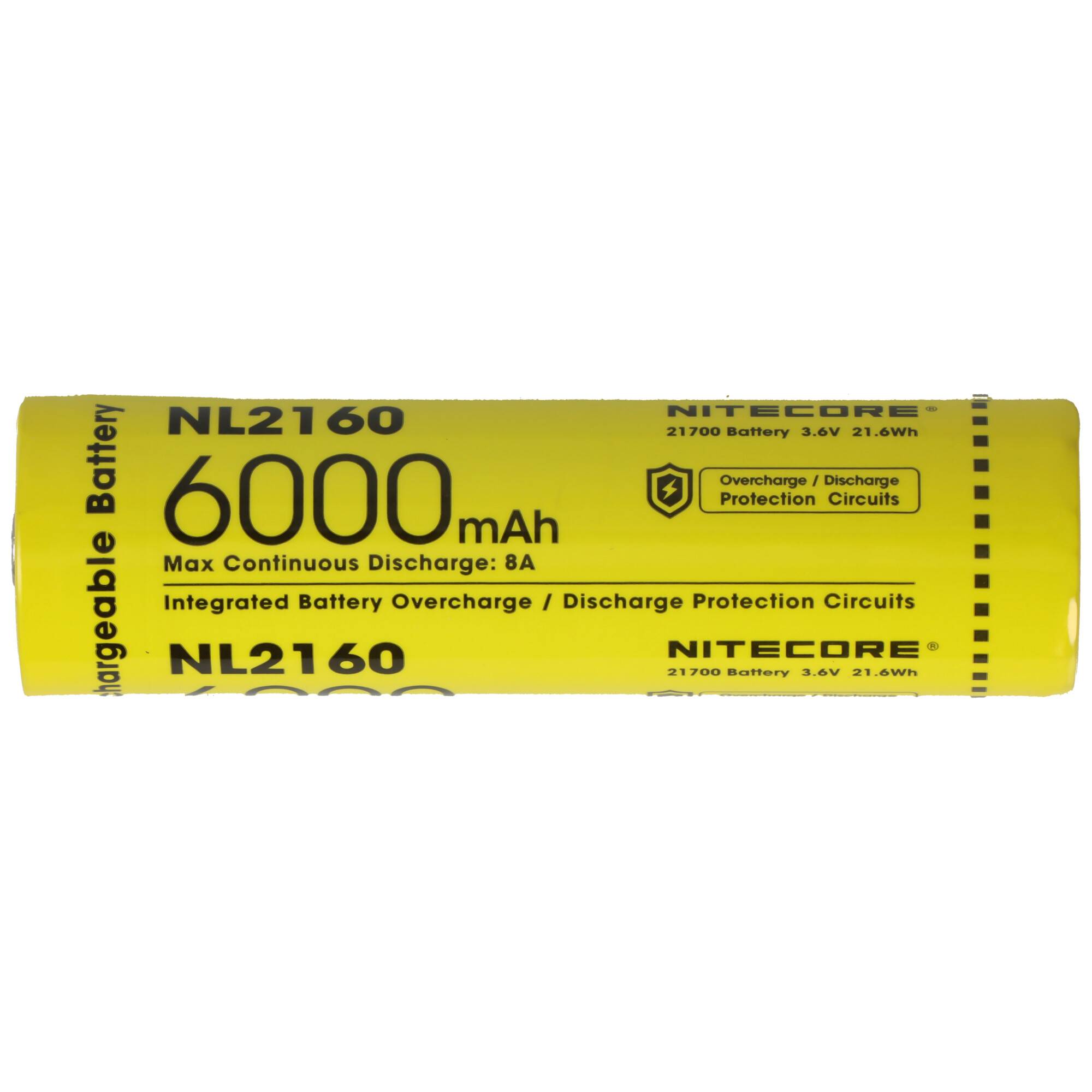 Nitecore Li-Ion Akku Typ 21700 mit 6000mAh NL2160 mit Schutzschaltung, max. 8A Entladestrom, 75,4 x 22mm