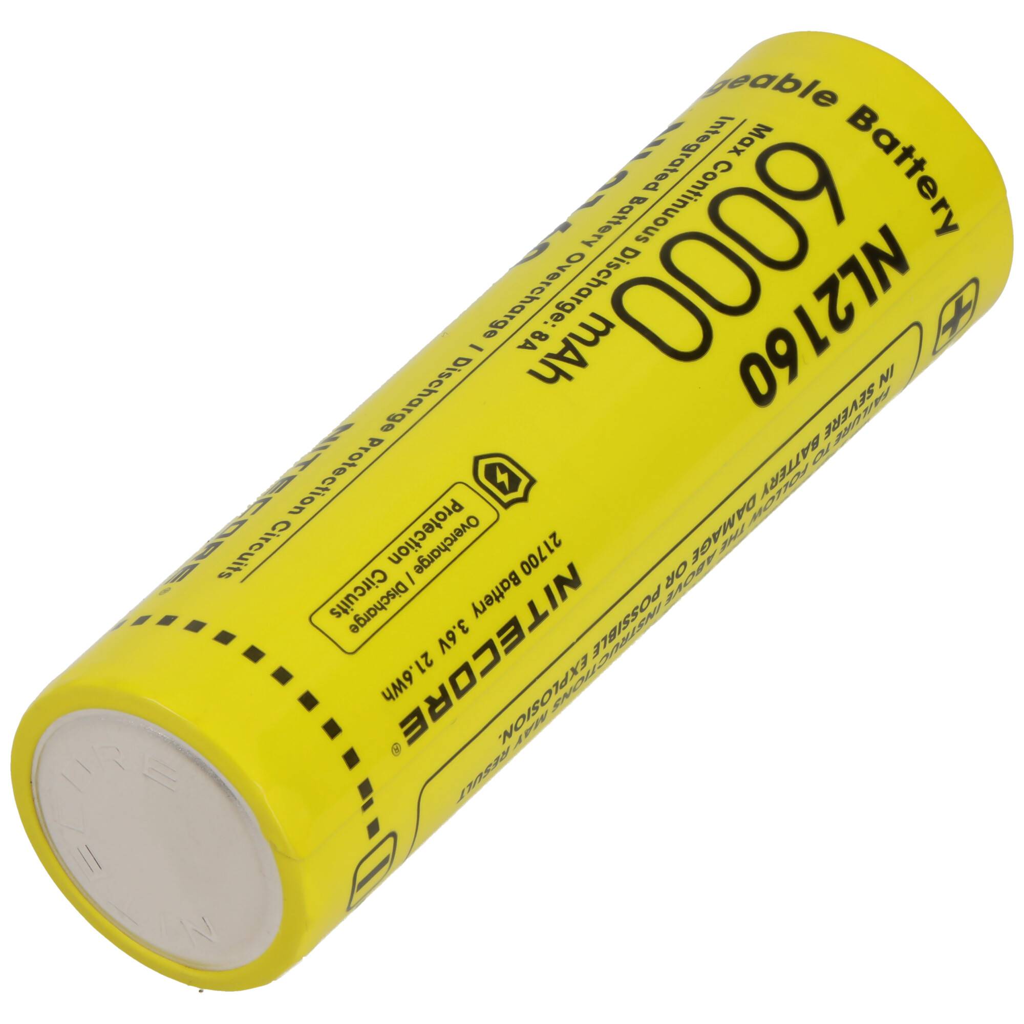 Nitecore Li-Ion Akku Typ 21700 mit 6000mAh NL2160 mit Schutzschaltung, max. 8A Entladestrom, 75,4 x 22mm