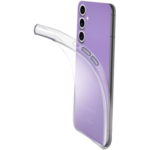 Lila Smartphone mit einem durchsichtigen Schutzetui, das teilweise von der Rückseite abgehoben ist und die dreifachen hinteren Kameras und seitlichen Tasten hervorhebt.