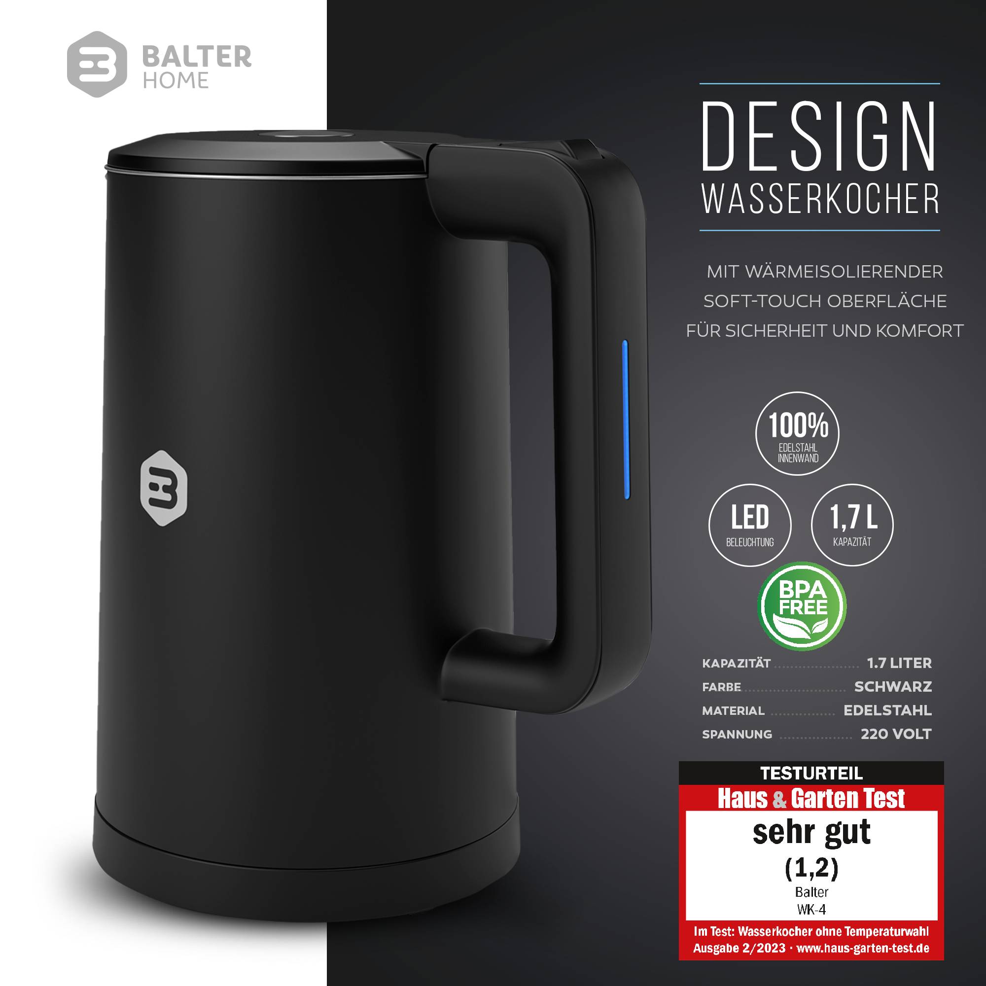 Balter Wasserkocher Edelstahl WK-4, 1,7 Liter, elektrischer Wasserkocher, Doppelwand Design, BPA frei, LED, kabellos, Teekocher Kompakt, leise