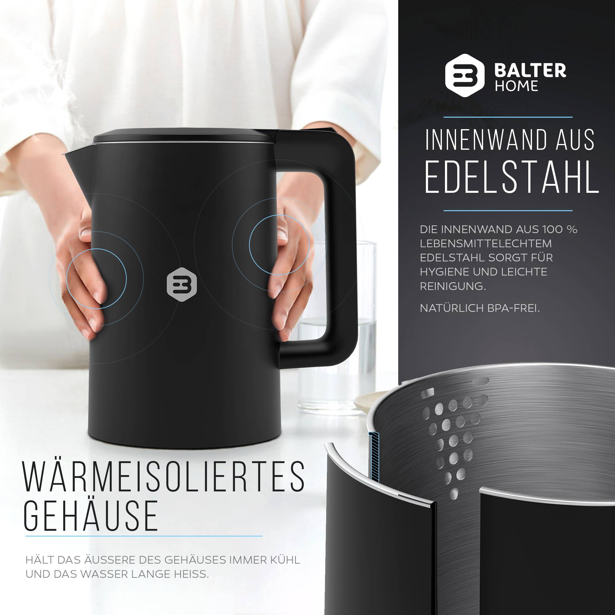 Balter Wasserkocher Edelstahl WK-4, 1,7 Liter, elektrischer Wasserkocher, Doppelwand Design, BPA frei, LED, kabellos, Teekocher Kompakt, leise