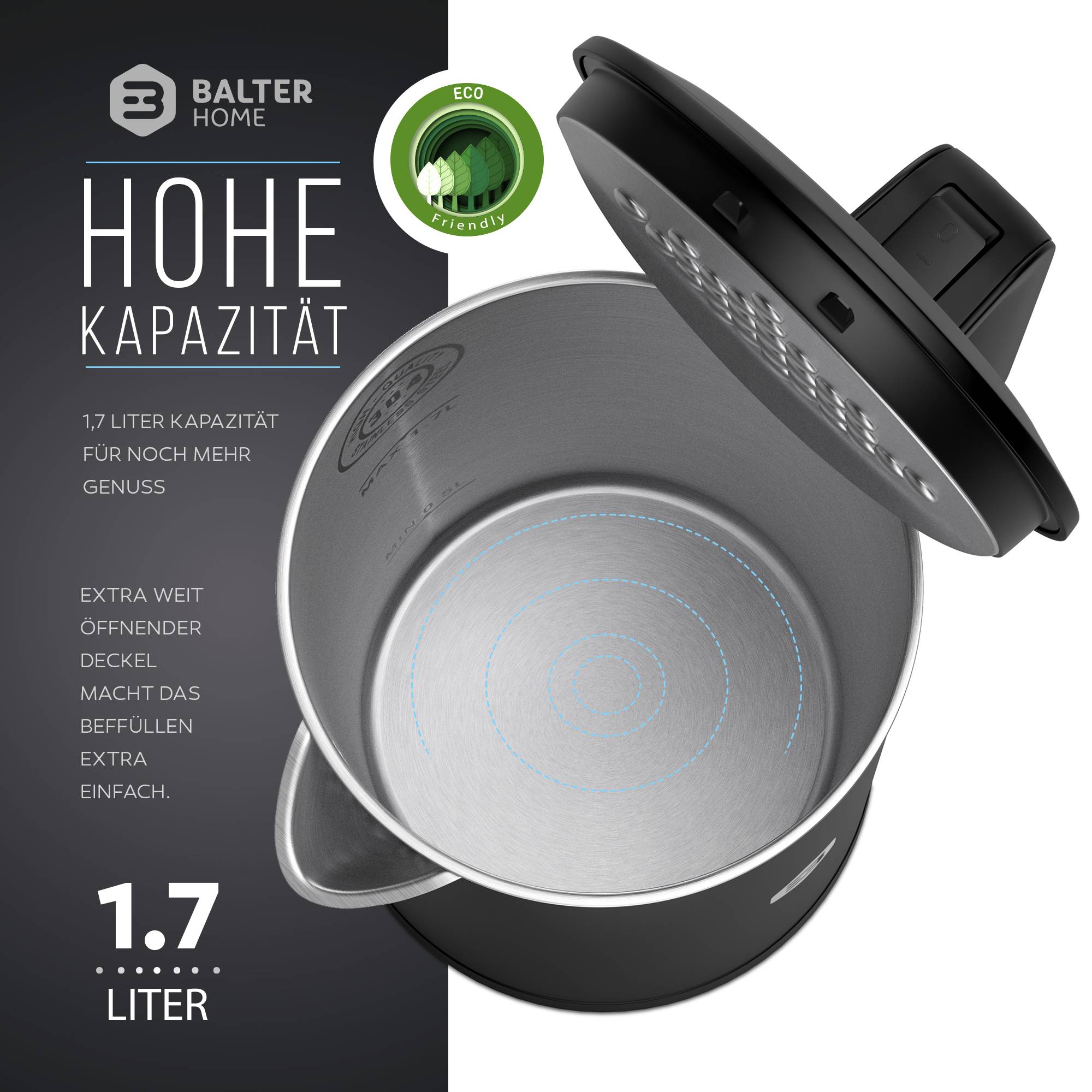 Balter Wasserkocher Edelstahl WK-4, 1,7 Liter, elektrischer Wasserkocher, Doppelwand Design, BPA frei, LED, kabellos, Teekocher Kompakt, leise
