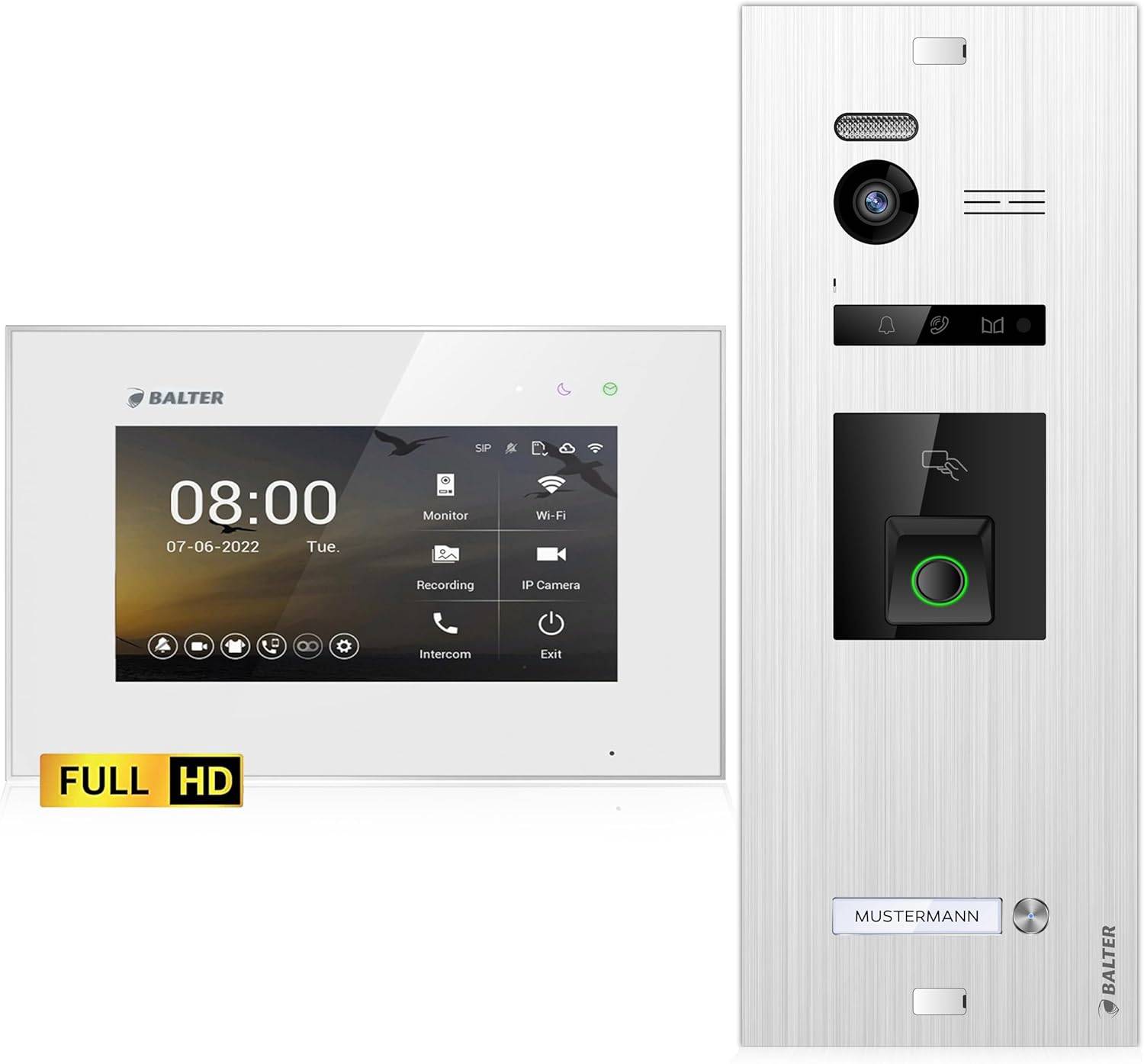 Balter EVO-HD Video Türsprechanlage mit Fingerprint, Video Türklingel, 1 Familienhaus, 1x 7 Zoll Monitore, Türklingel mit Kamera Full HD, 2 Draht