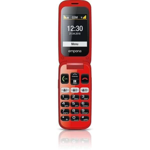 Rotes Klapphandy offen, zeigt Bildschirm mit Uhrzeit 12:30 und physische Tastatur mit Anruf- und Menütasten.