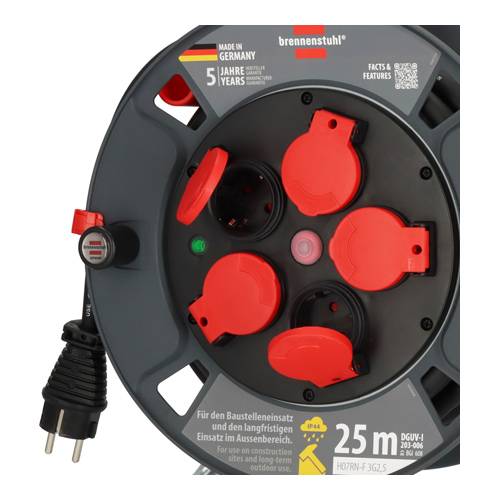 BRENNENSTUHL professionalLINE - Kabeltrommel 300 KU 2200 (3.300W | IP44 | 5x Schutzkontakt-Steckdosen | Länge 25,0m)