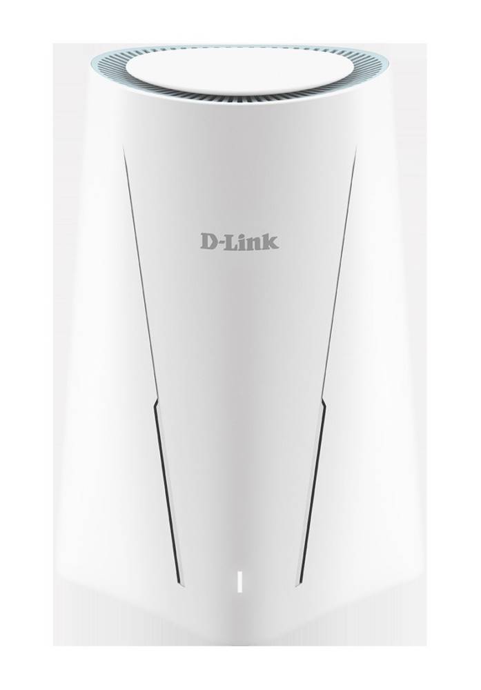 Weißes D-Link-Gerät mit elegantem Design, das ein Logo oben und vertikale Linien darunter aufweist, höchstwahrscheinlich ein Router oder Modem.