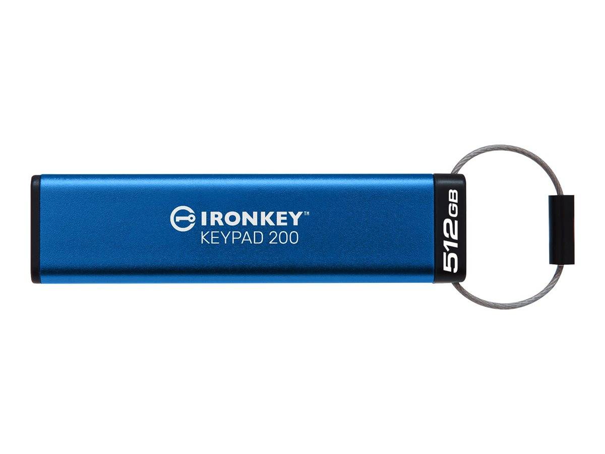 Bluer IronKey Keypad 200 USB-Stick mit angebrachtem Schlüsselring, beschriftet mit „512GB
