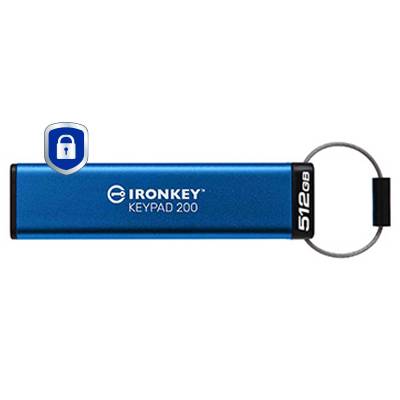 Blauer IronKey Keypad 200 512GB verschlüsselter USB-Stick mit integriertem Schloss-Symbol und angehängtem Schlüsselring