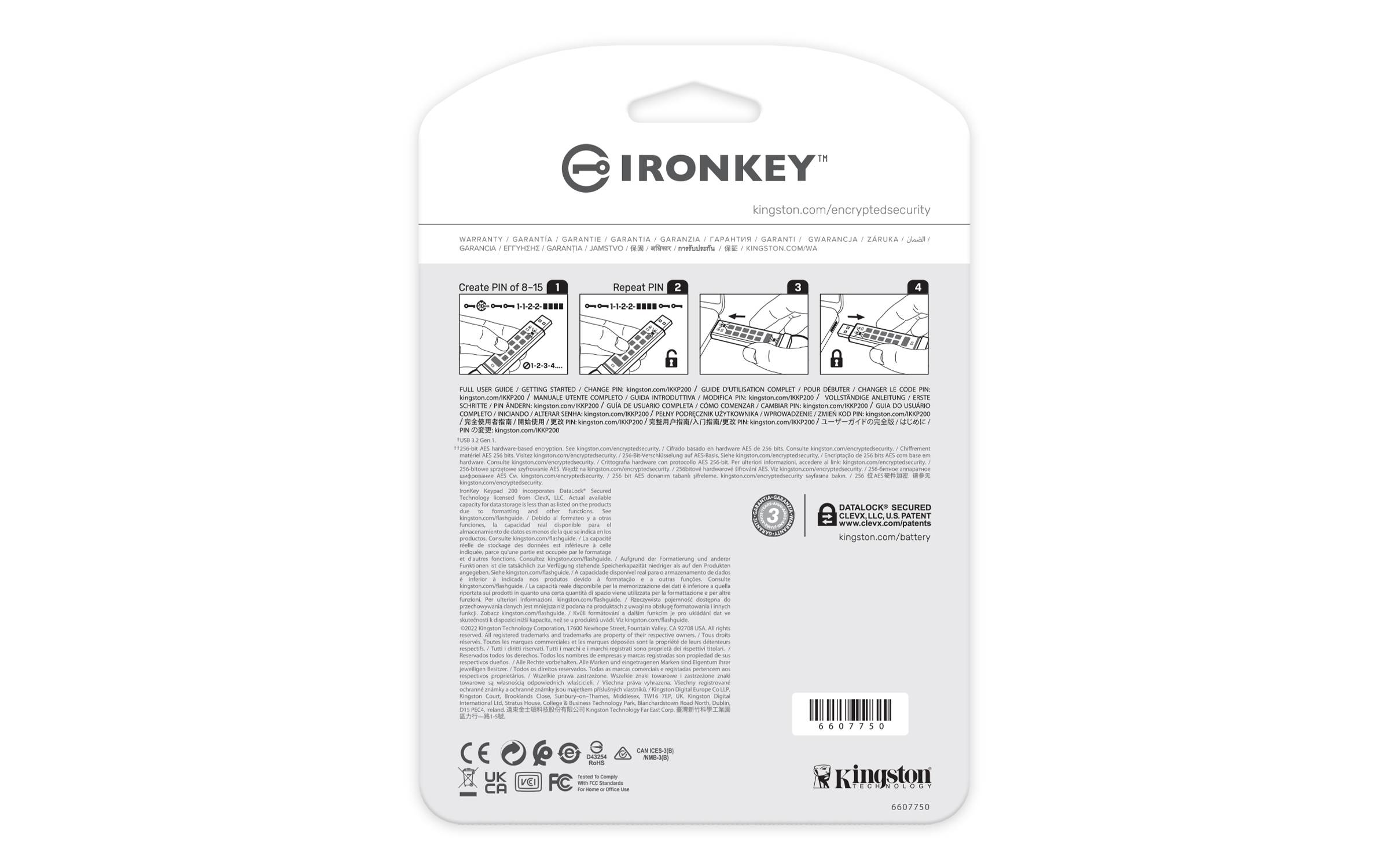 Rückseite einer IronKey USB-Flash-Laufwerk-Verpackung mit Setupanleitung, Sicherheitssymbolen, behördlichen Kennzeichen, Barcode und Kingston-Branding.