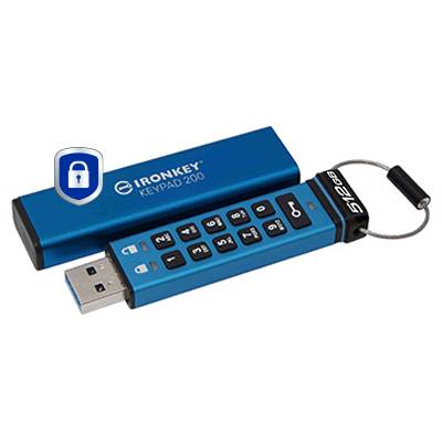 Blauer IronKey Keypad 200 USB-Stick mit integriertem Tastenfeld-Schloss und Schlüsselanhänger